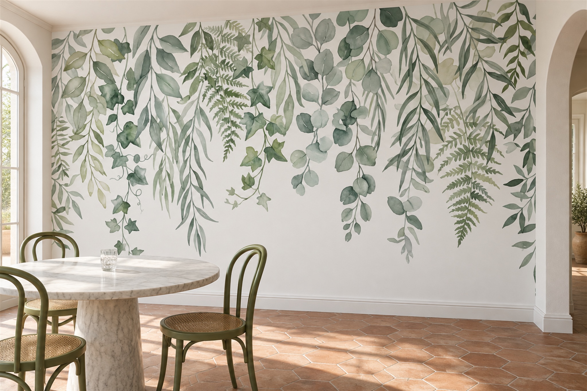 Sage Vine Botanical Wallpaper Mural Dining-room-wallpaper-murals, Shown In A Dining Room, Peel-and-stick Finish