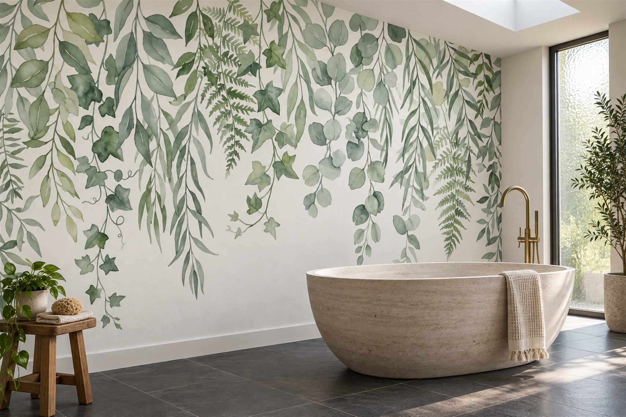 Sage Green Hanging Leaves And Ferns Wallpaper Mural — Wallpaper Mural Design, Peel-and-stick Finish