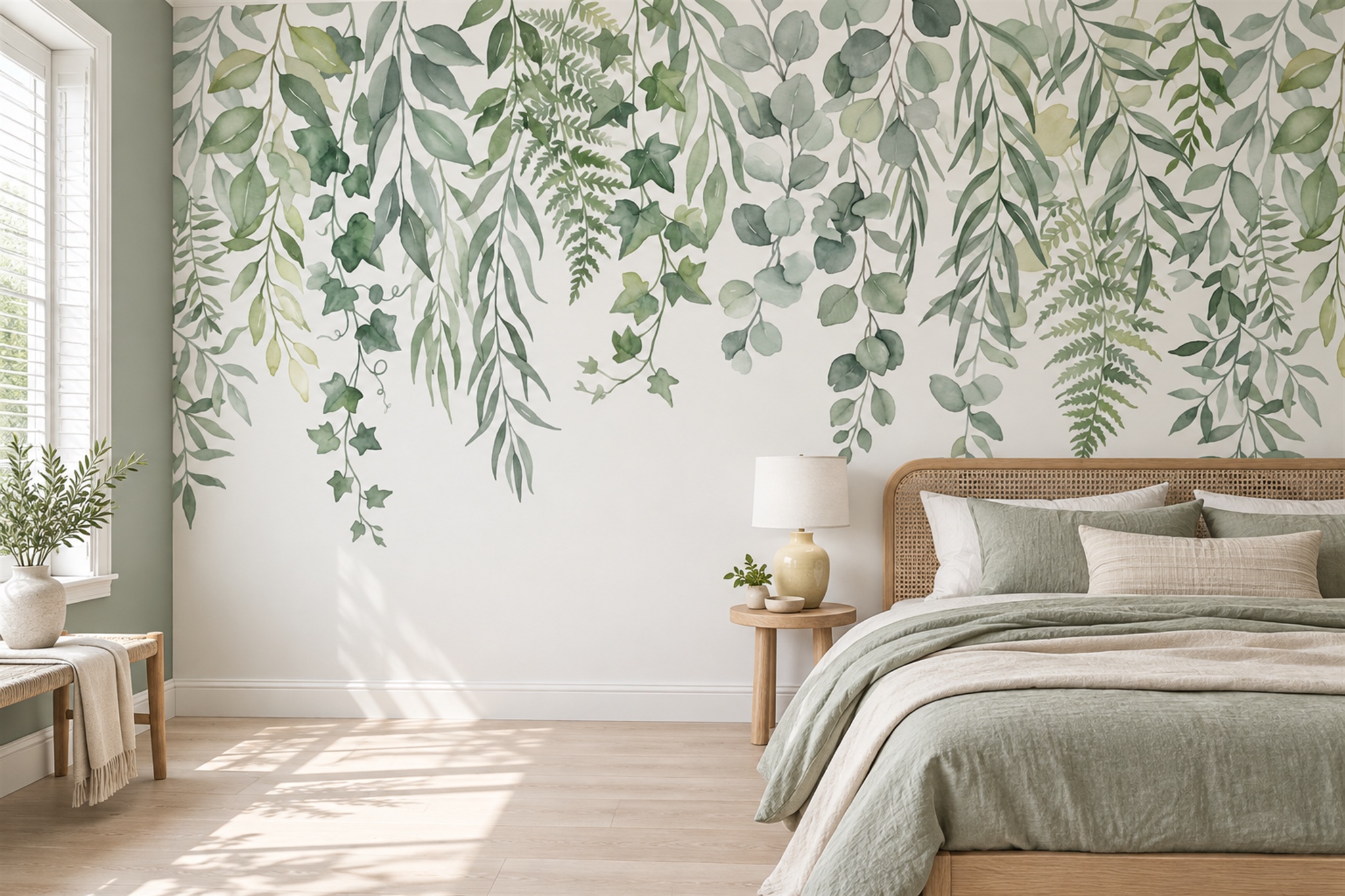 Sage Vine Botanical Wallpaper Mural Bedroom-wallpaper-murals, Peel-and-stick Finish