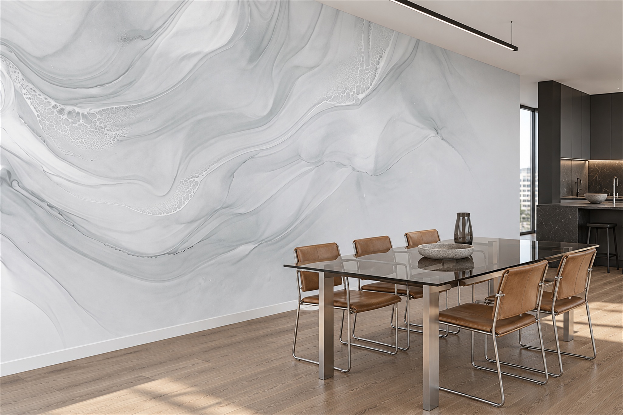 Grey Marble Decorative Wallpaper Mural Dining-room-wallpaper-murals, Shown In A Dining Room, Peel-and-stick Finish