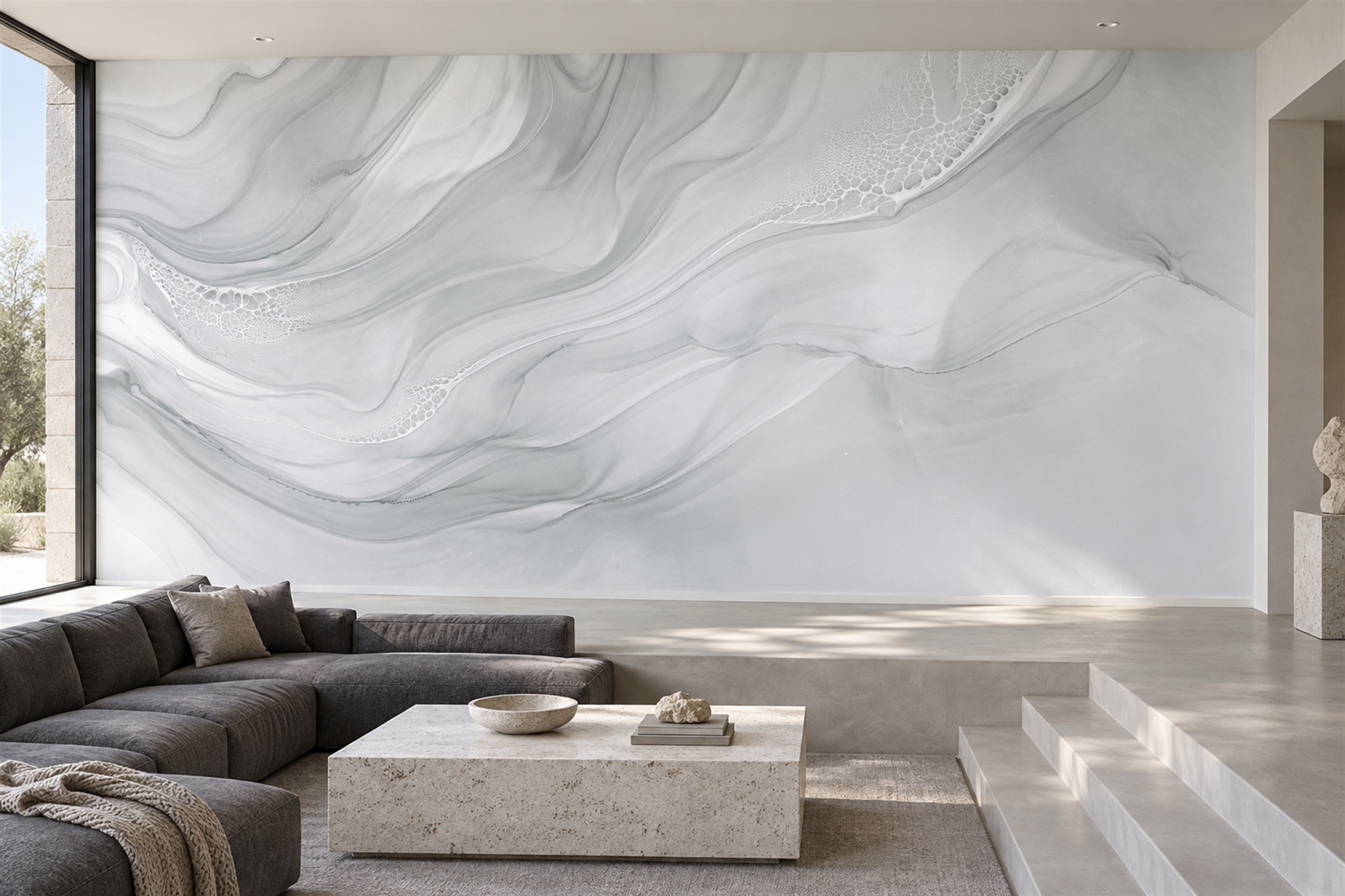 Soft Grey And White Flowing Marble Wallpaper Mural — Wallpaper Mural Design, Peel-and-stick Finish