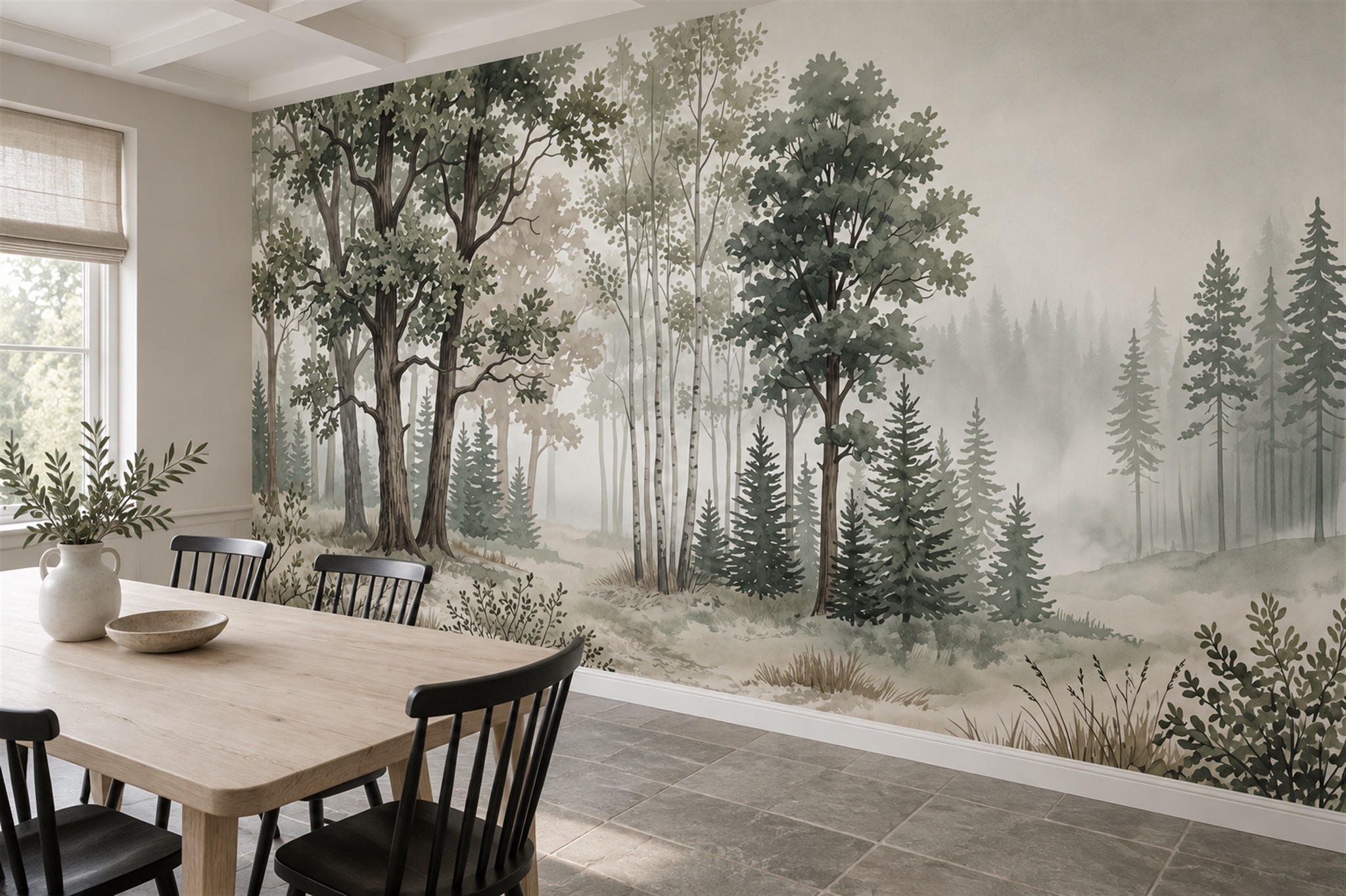 Sage Forest Scenic Wallpaper Mural Dining-room-wallpaper-murals, Peel-and-stick Finish