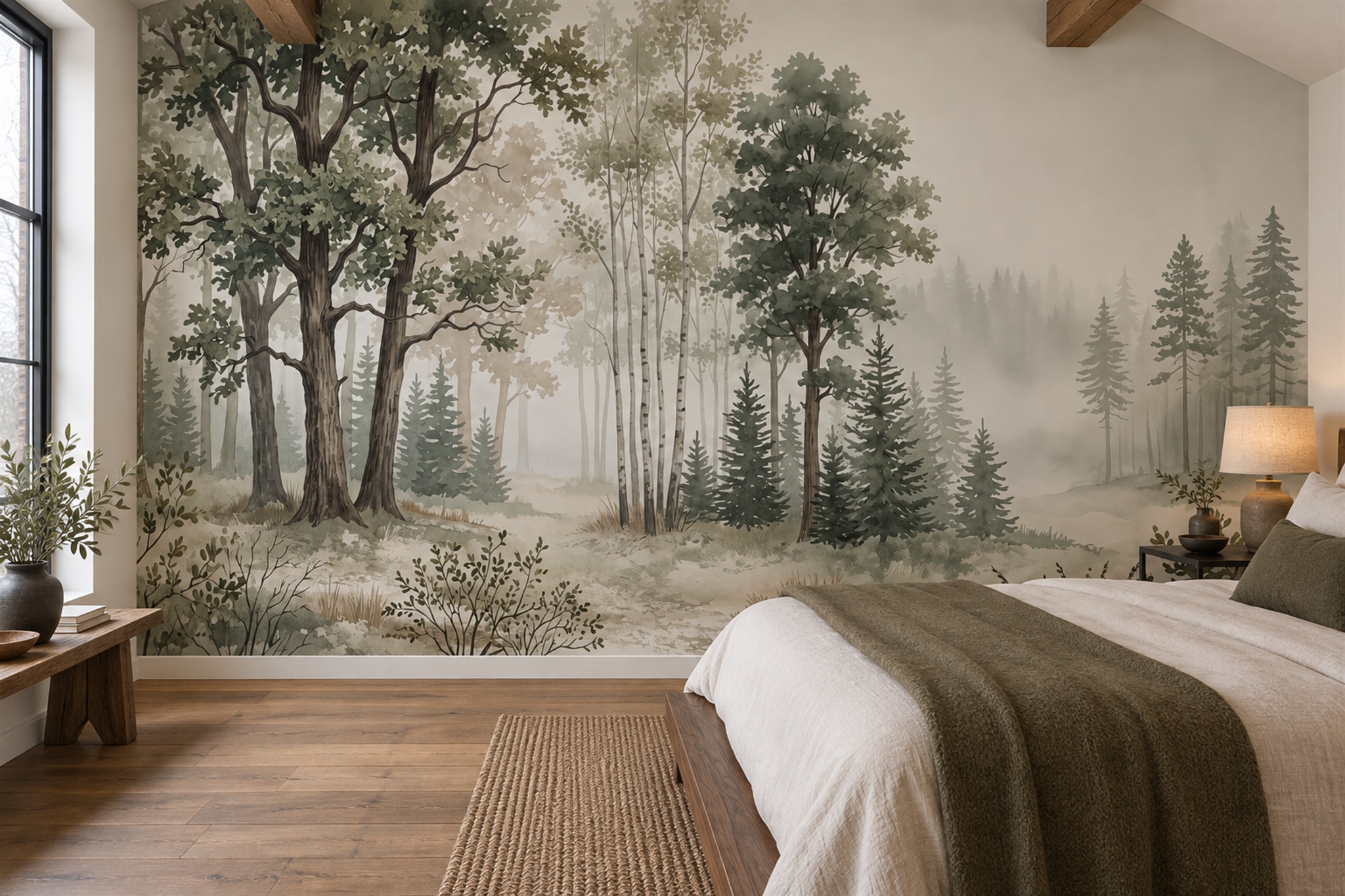 Sage Forest Scenic Wallpaper Mural Feature-wall-wallpaper-murals, Peel-and-stick Finish