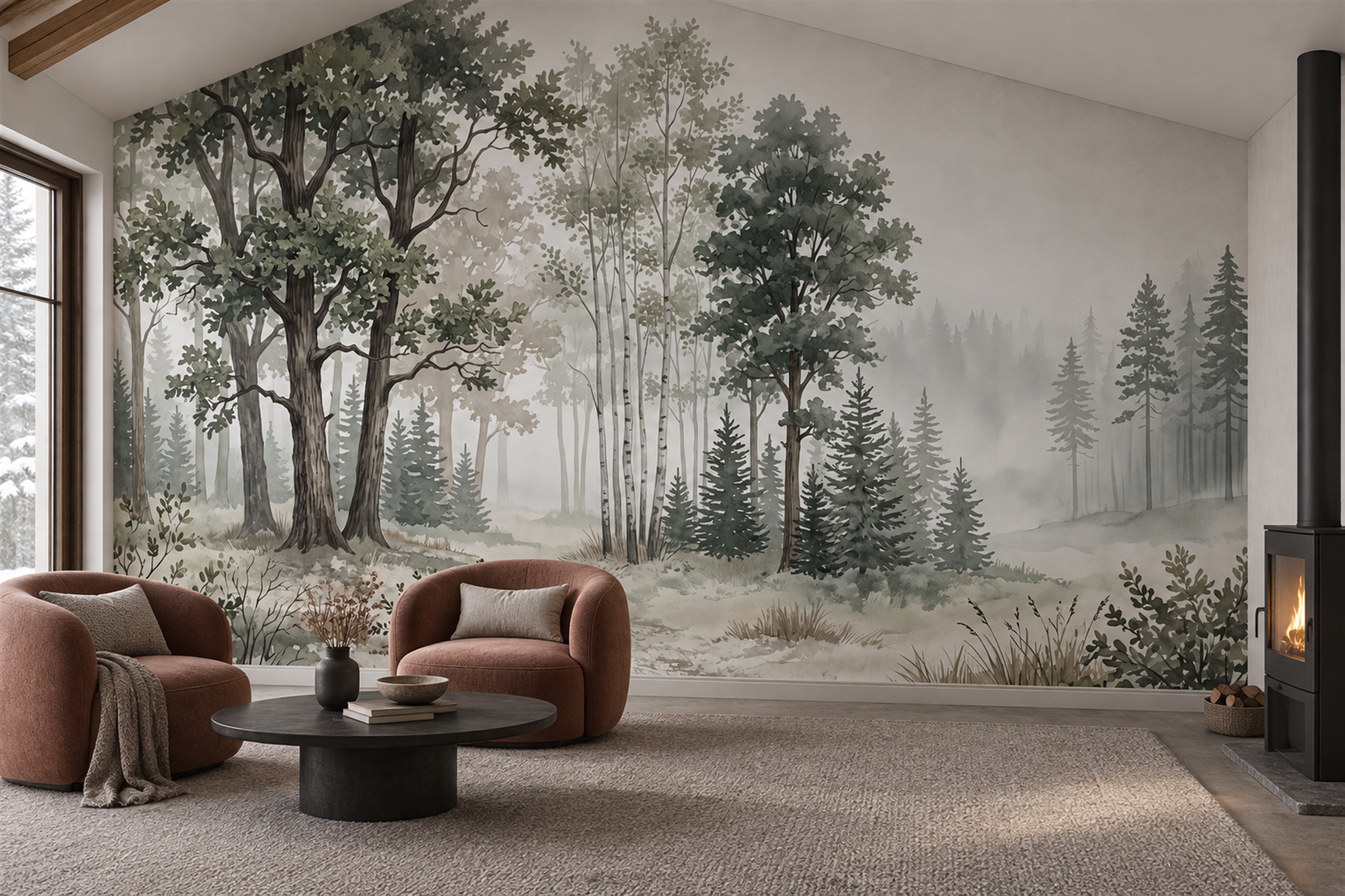 Sage Misty Evergreen Forest Wallpaper Mural — Wallpaper Mural Design, Peel-and-stick Finish