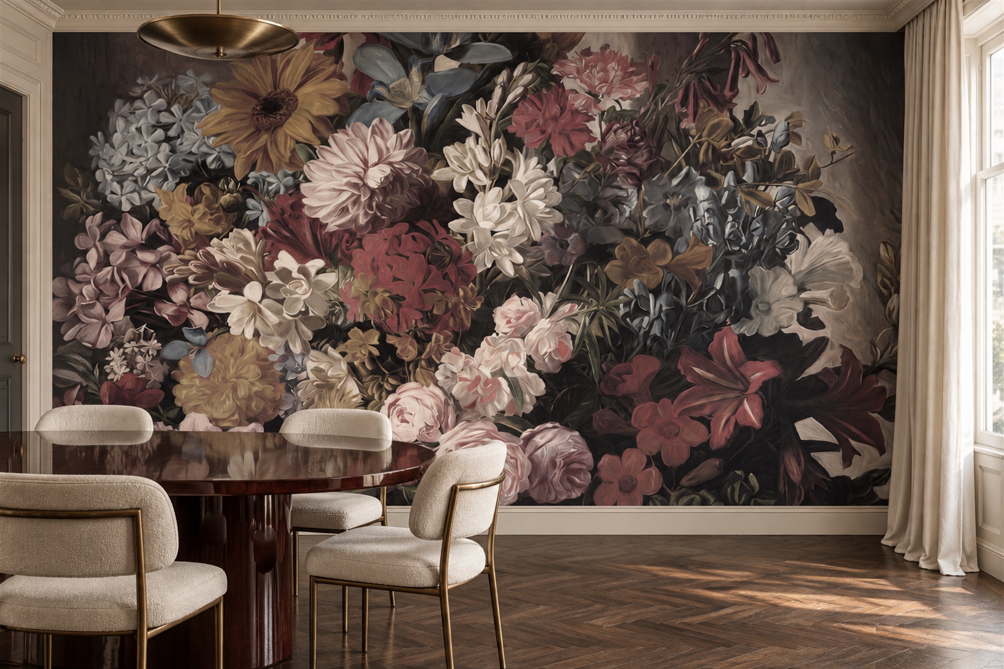 Neutral Bouquet Botanical Wallpaper Mural Dining-room-wallpaper-murals, Shown In A Dining Room, Peel-and-stick Finish