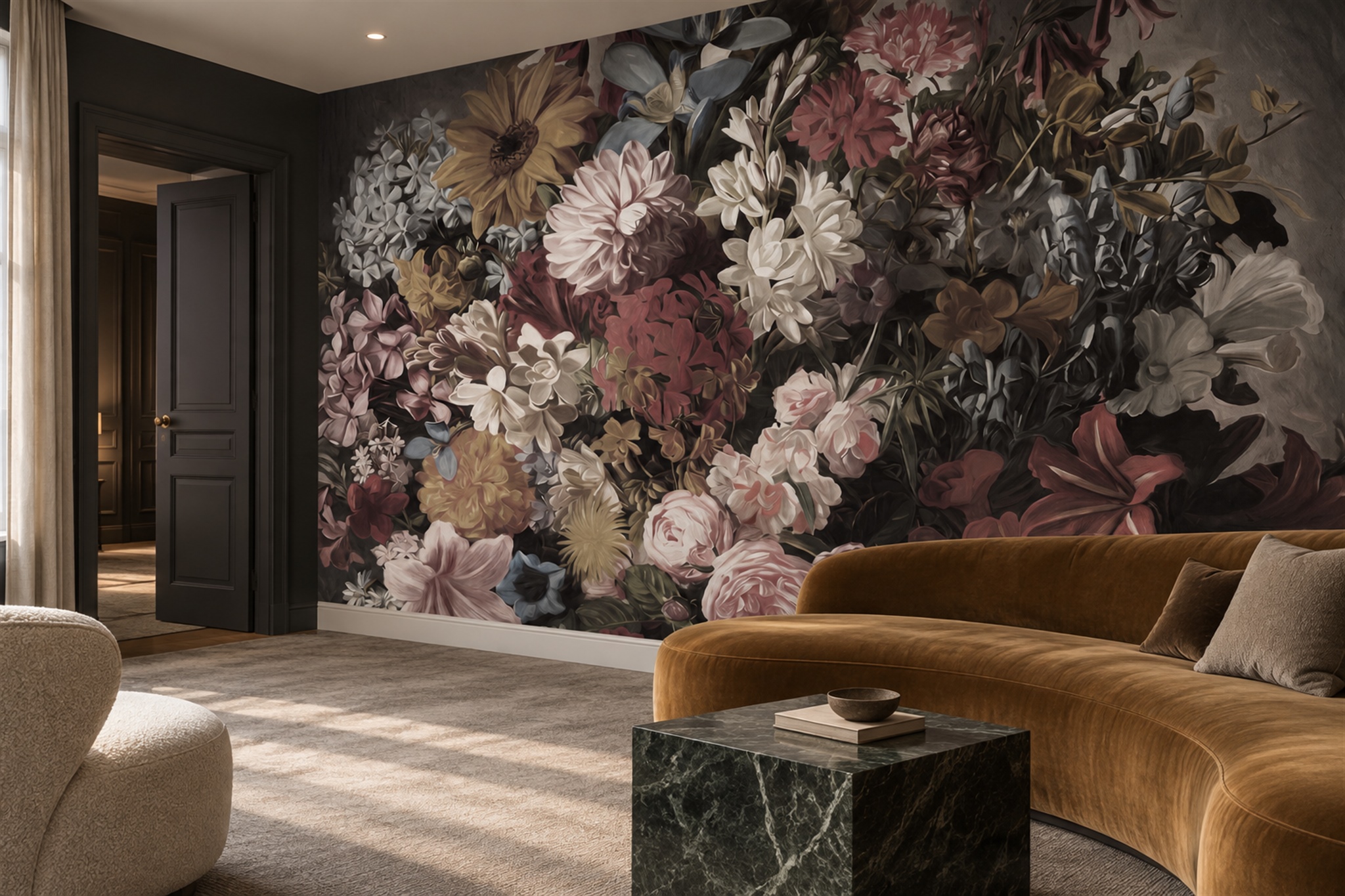 Neutral Bouquet Botanical Wallpaper Mural Accent-wall-wallpaper-murals, Peel-and-stick Finish