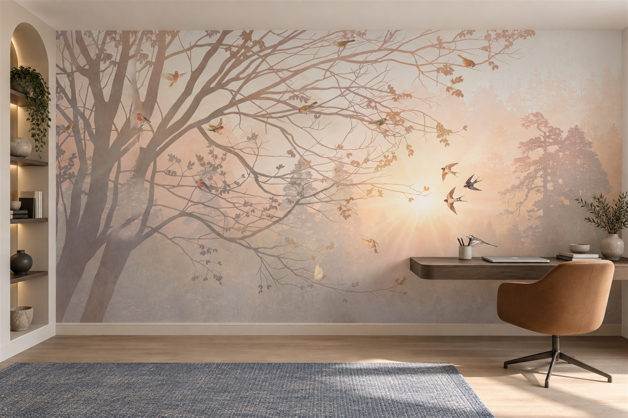 Peach Pattern Decorative Organic Wallpaper Mural Home-office-wallpaper-murals, Shown In A Home Office, Peel-and-stick Finish