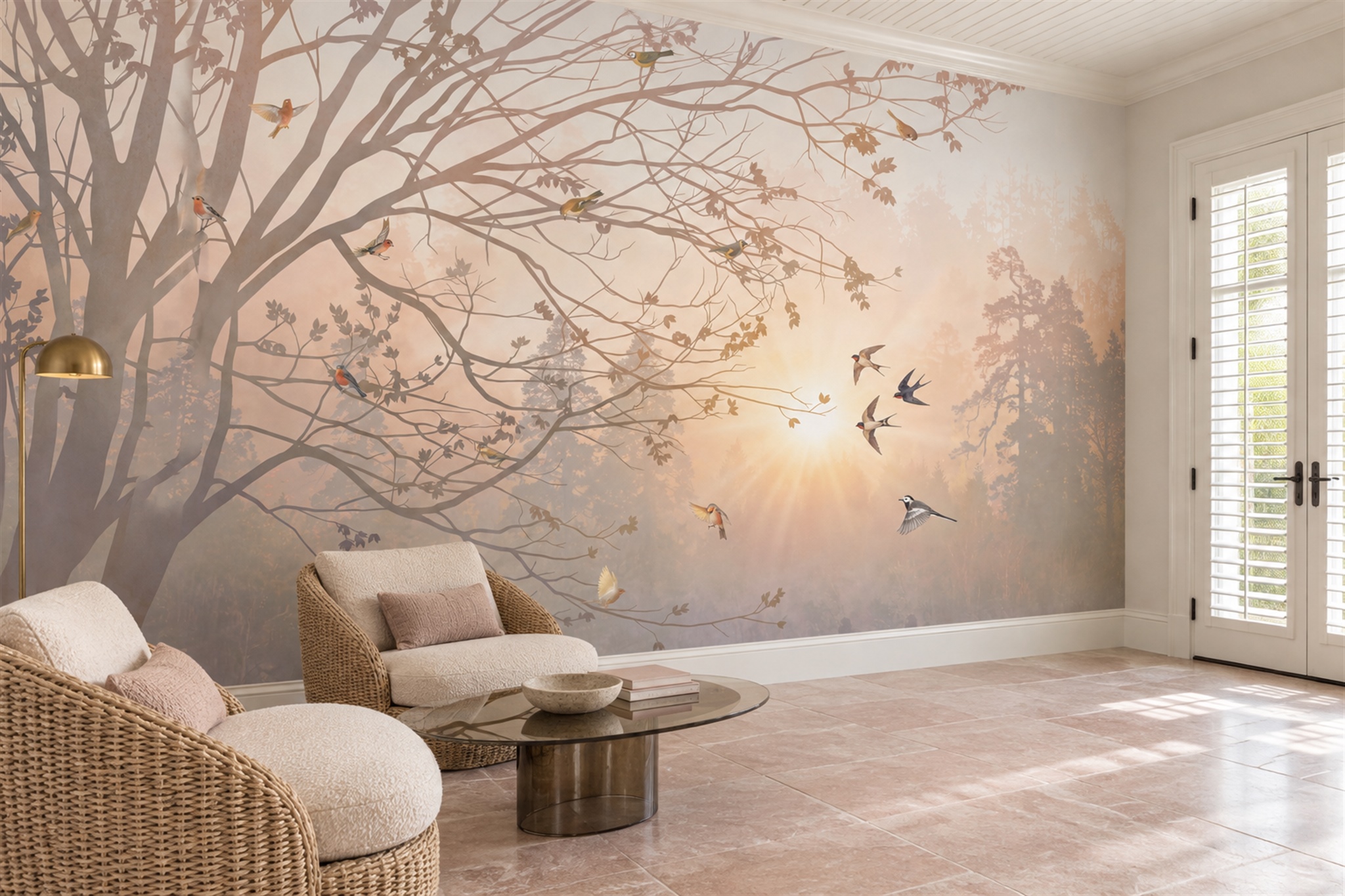 Peach Blossom Branches And Birds In Morning Light Wallpaper Mural — Wallpaper Mural Design, Peel-and-stick Finish