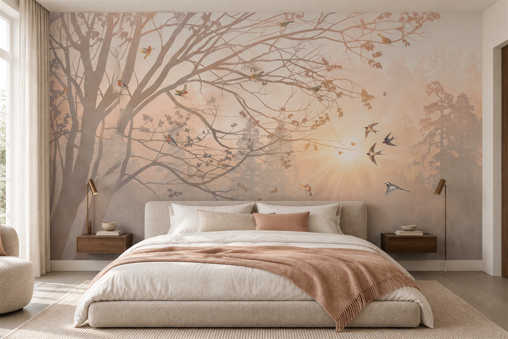 Peach Pattern Decorative Organic Wallpaper Mural Bedroom-wallpaper-murals, Peel-and-stick Finish