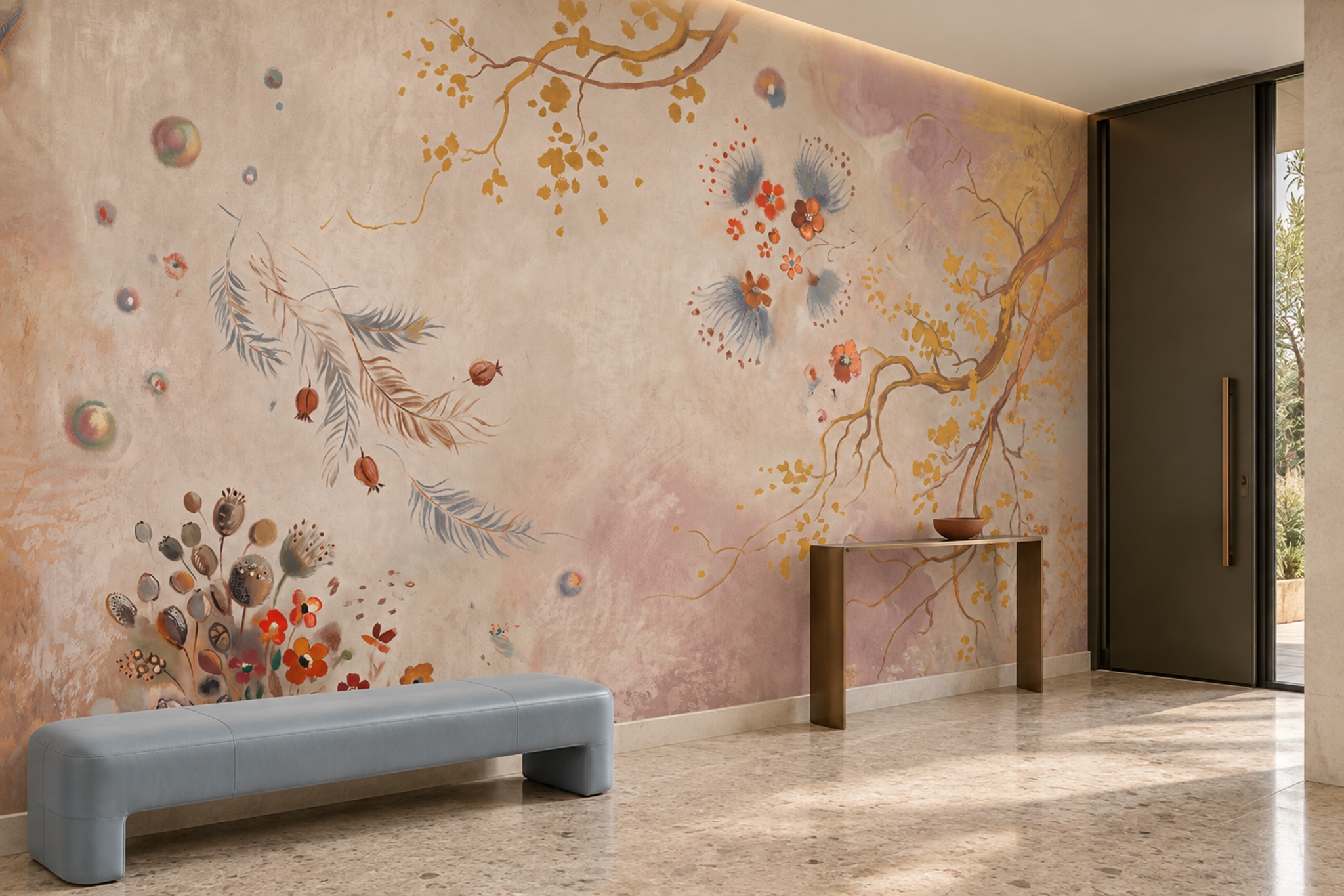 Ochre Vintage Artful Wallpaper Mural Entryway-wallpaper-murals, Peel-and-stick Finish