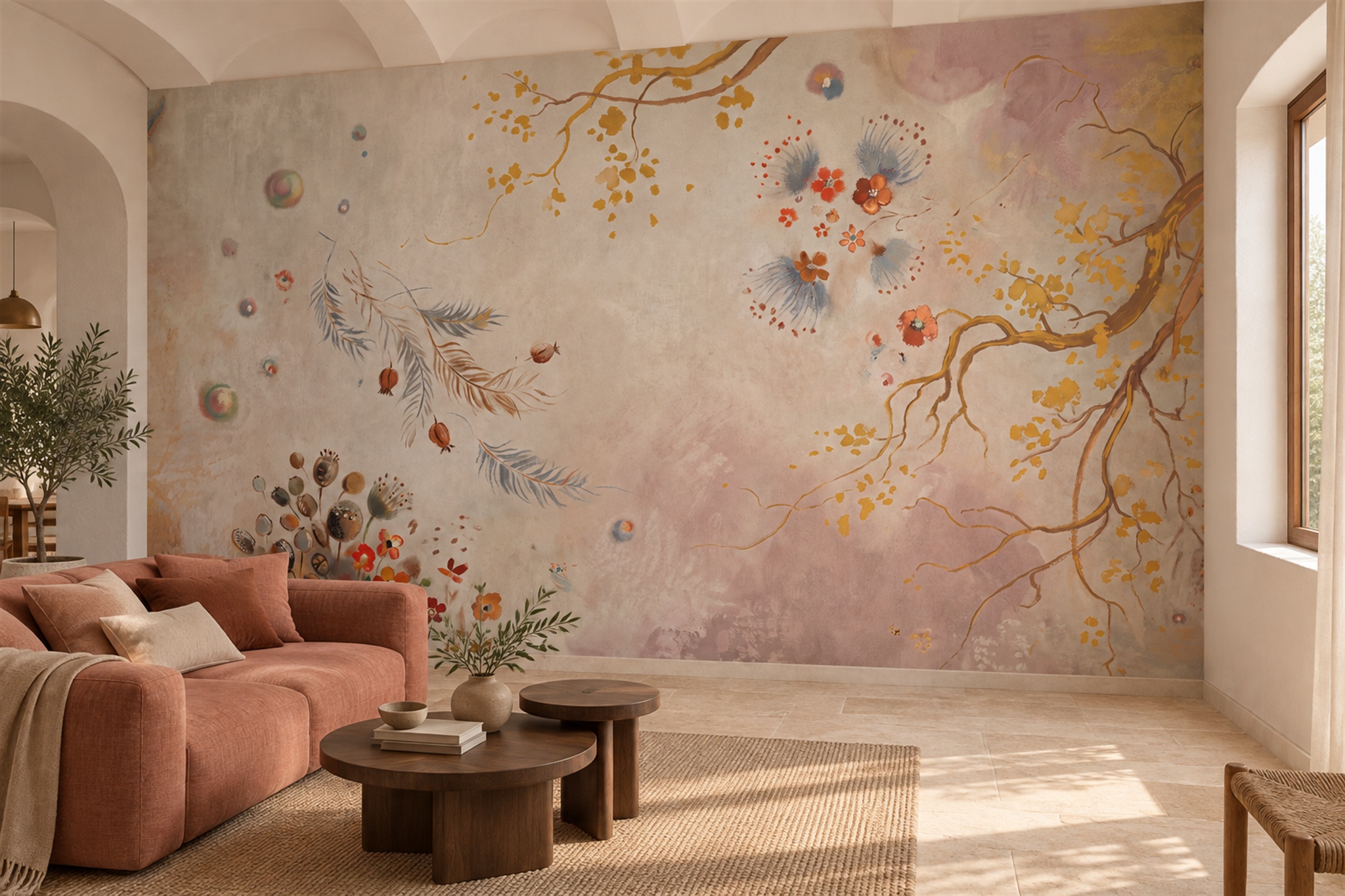 Ochre Vintage Artful Wallpaper Mural Dining-room-wallpaper-murals, Peel-and-stick Finish