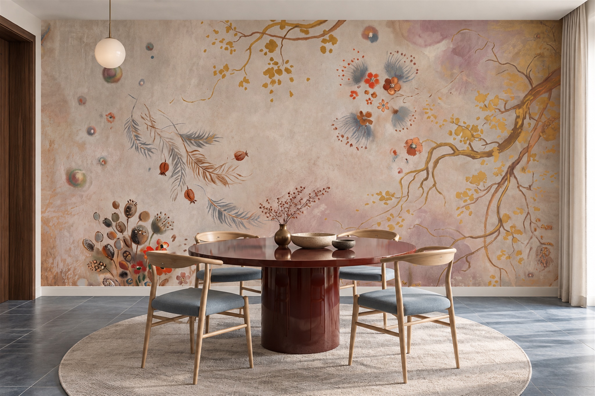Ochre Vintage Artful Wallpaper Mural Dining-room-wallpaper-murals, Peel-and-stick Finish