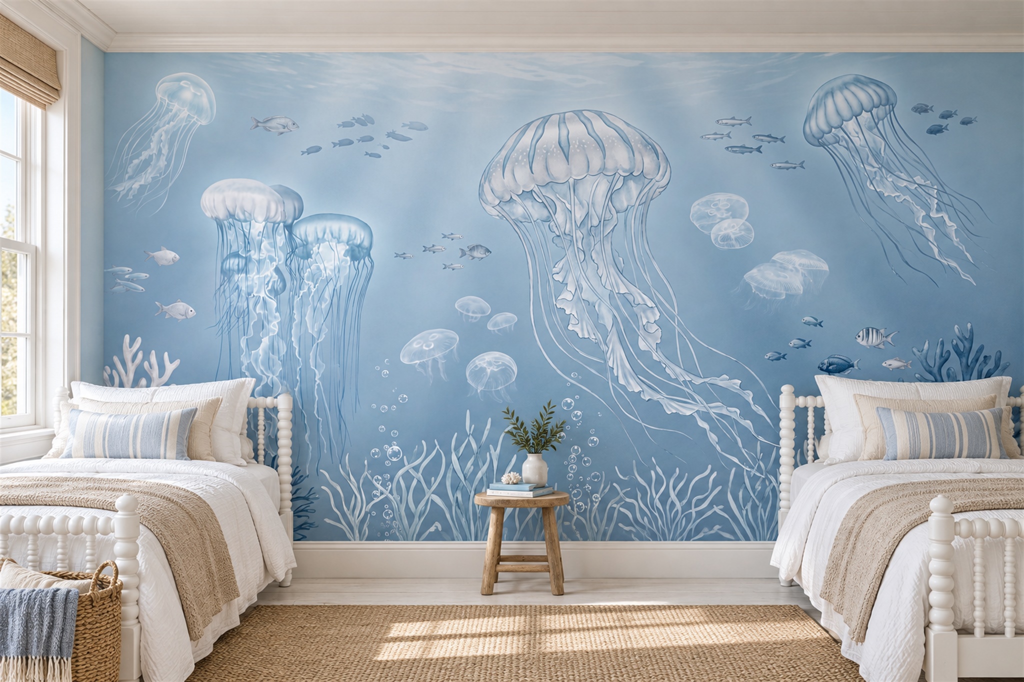 Blue Jellyfish Illustrated Wallpaper Mural Bedroom-wallpaper-murals, Peel-and-stick Finish