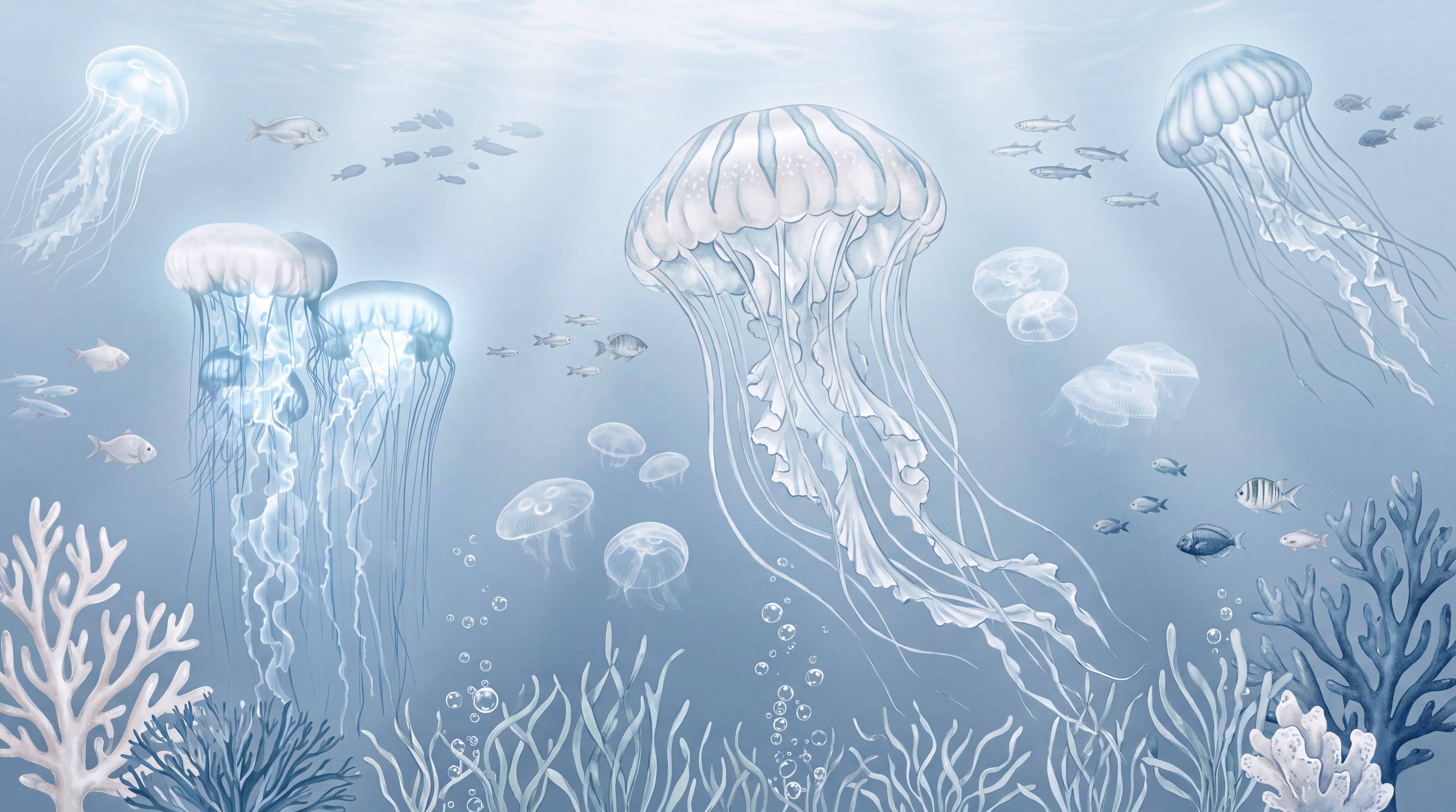 Blue Jellyfish Illustrated Wallpaper Mural, Peel-and-stick Finish