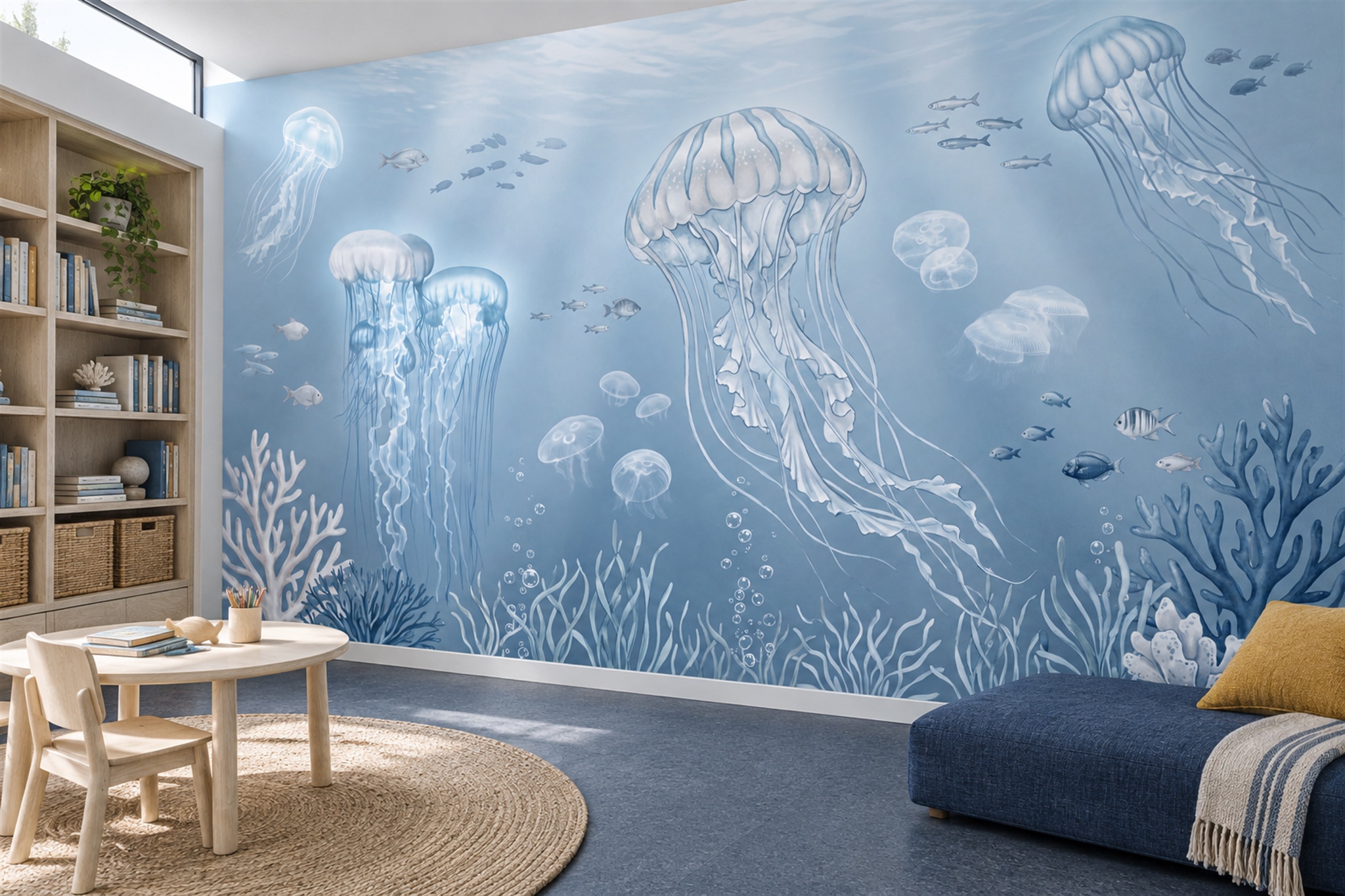 Blue Jellyfish Illustrated Wallpaper Mural Home-office-wallpaper-murals, Peel-and-stick Finish