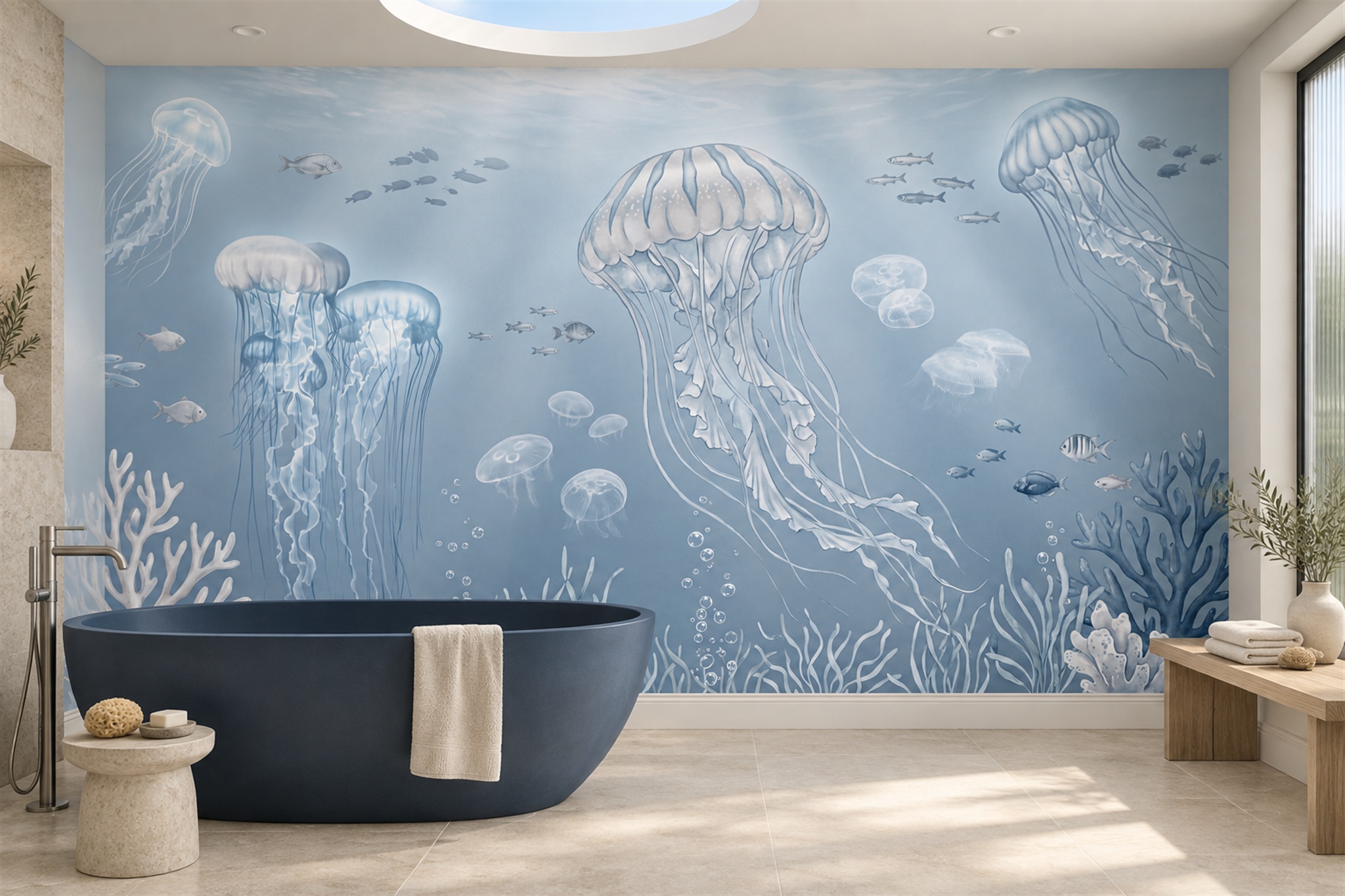 Blue Jellyfish Illustrated Wallpaper Mural Home-office-wallpaper-murals, Peel-and-stick Finish