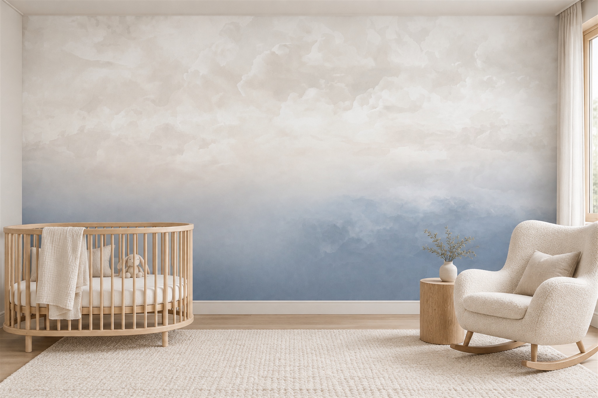 Blue Clouds Artful Layered Wallpaper Mural Nursery-wallpaper-murals, Peel-and-stick Finish