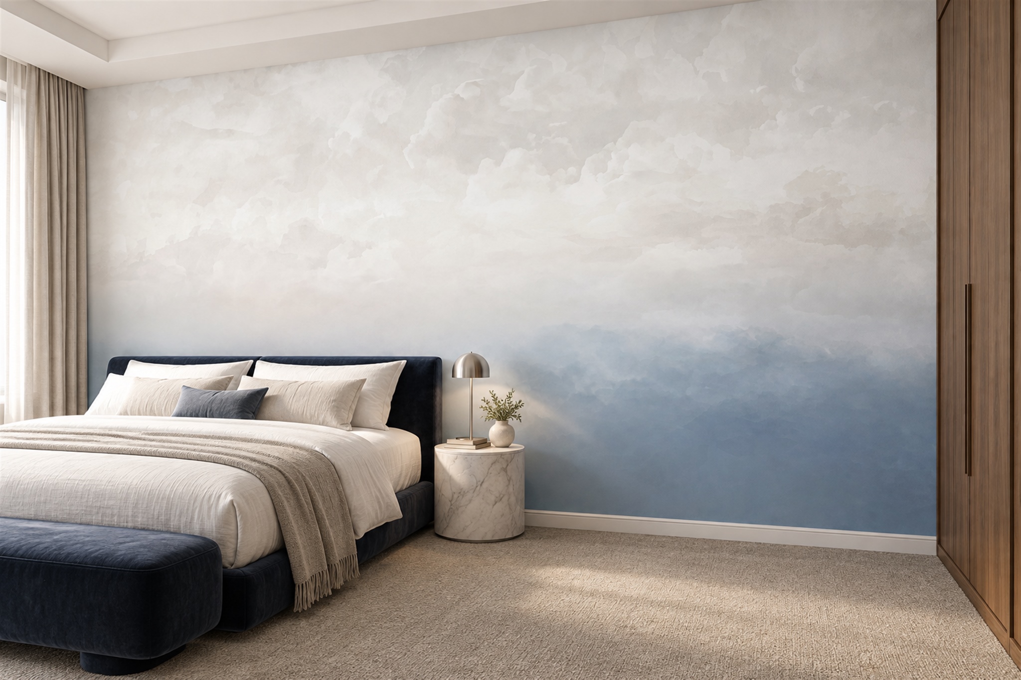 Blue Clouds Artful Layered Wallpaper Mural Bedroom-wallpaper-murals, Peel-and-stick Finish