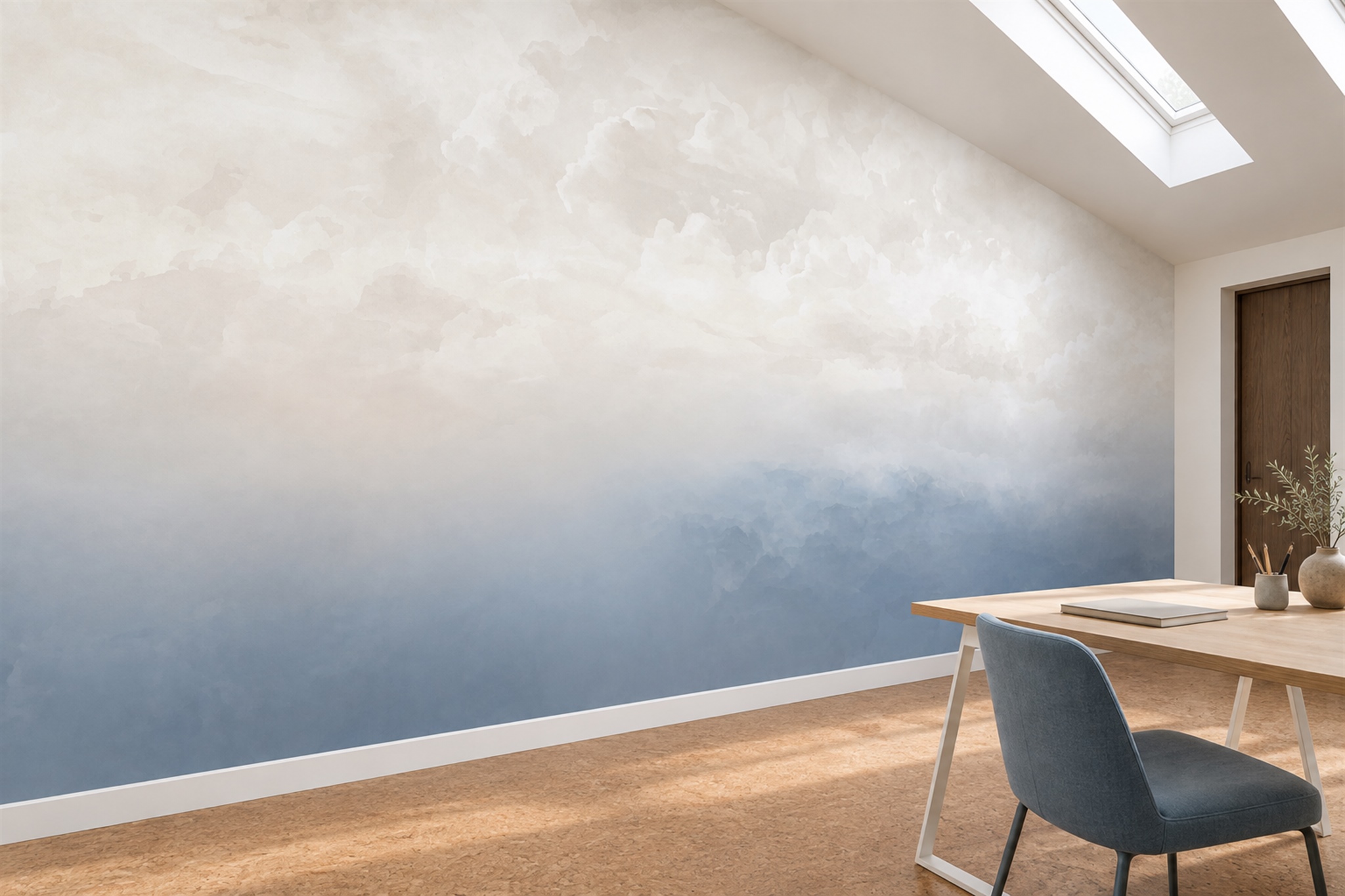 Blue Clouds Artful Layered Wallpaper Mural Bedroom-wallpaper-murals, Peel-and-stick Finish