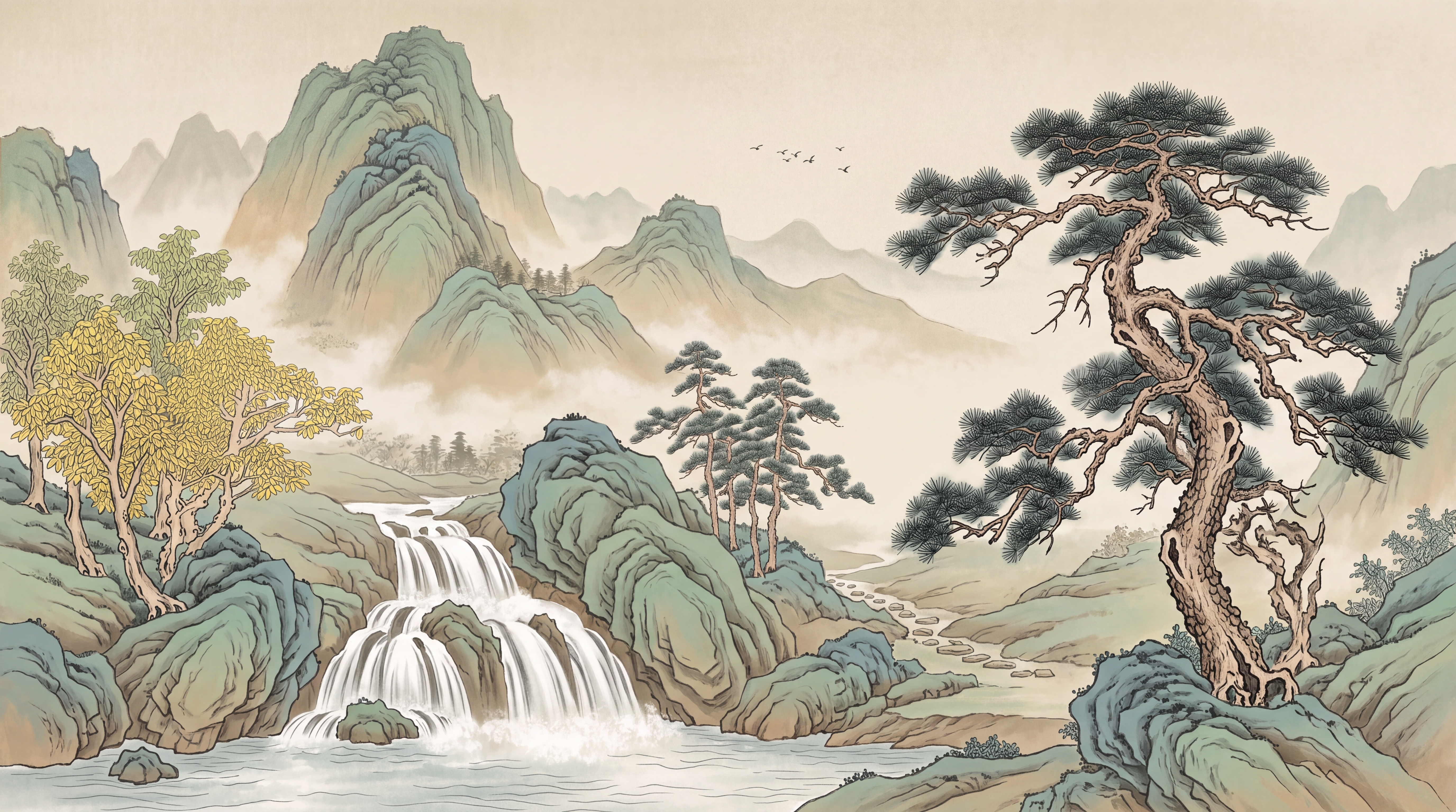 Sage Pattern Decorative Wallpaper Mural Layered Composition Wallpaper, Peel-and-stick Finish