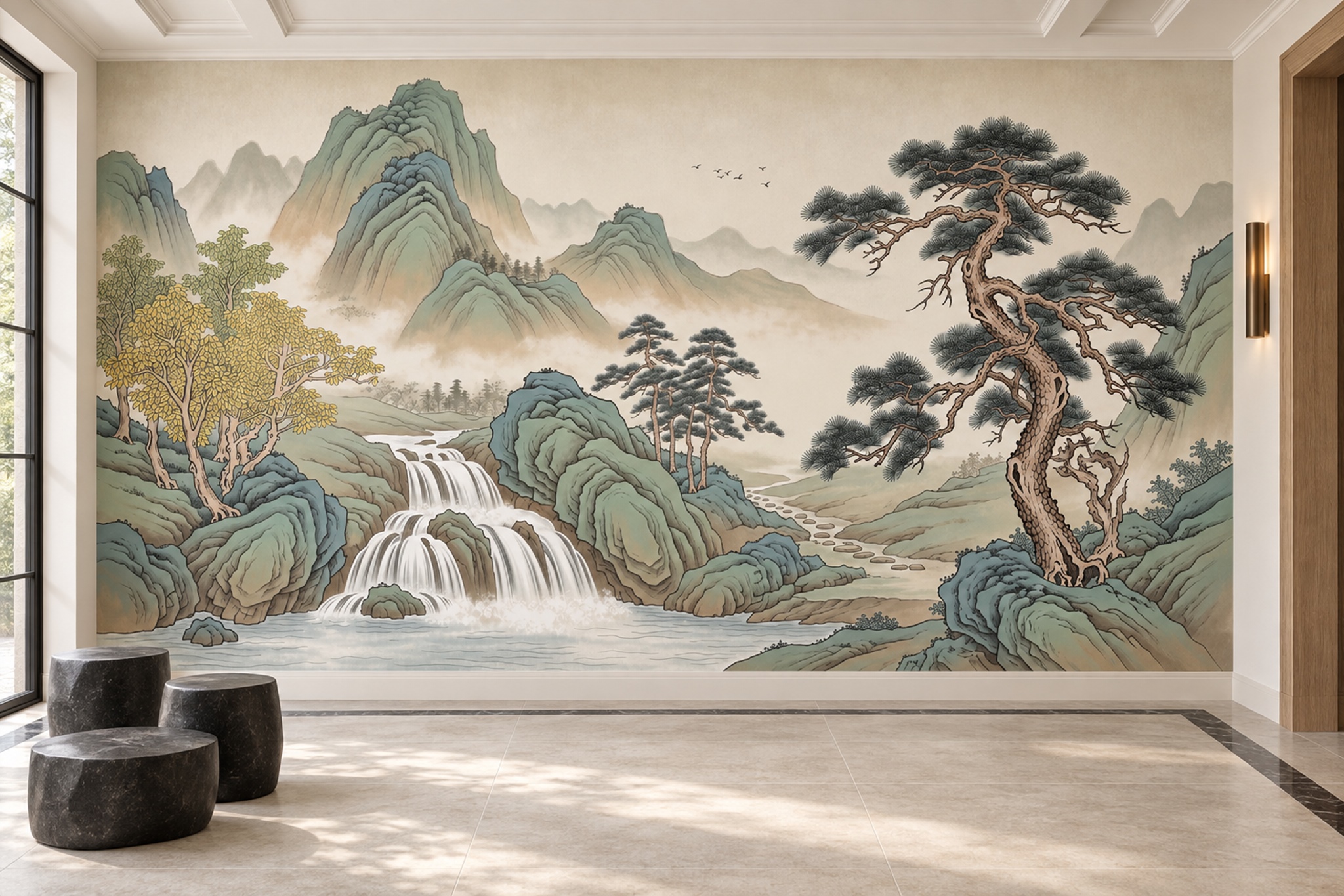 Sage Pattern Decorative Wallpaper Mural Layered Composition Wallpaper Entryway-wallpaper-murals, Peel-and-stick Finish