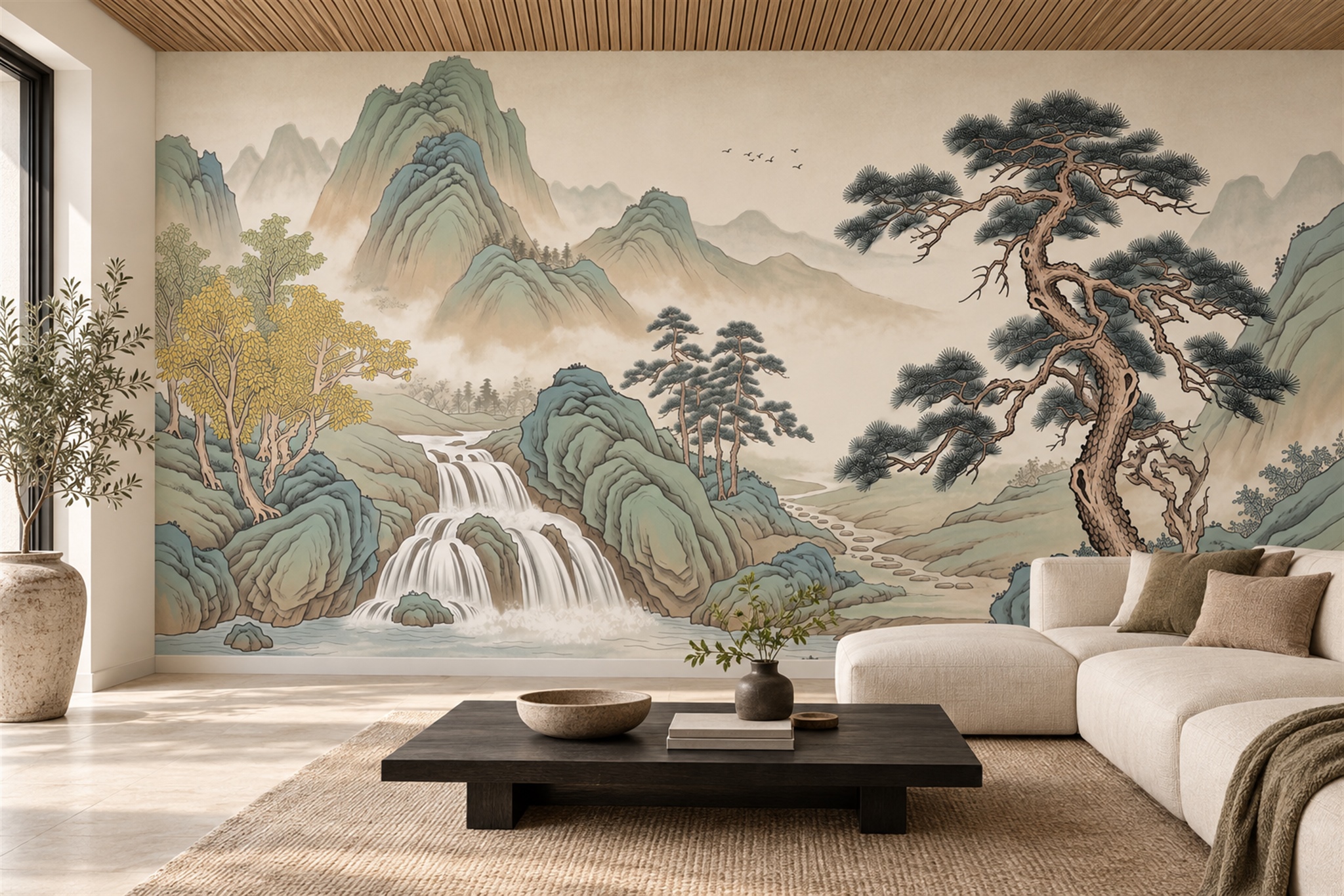 Waterfall, Pine Trees And Layered Mountains Wallpaper Mural — Wallpaper Mural Design, Peel-and-stick Finish