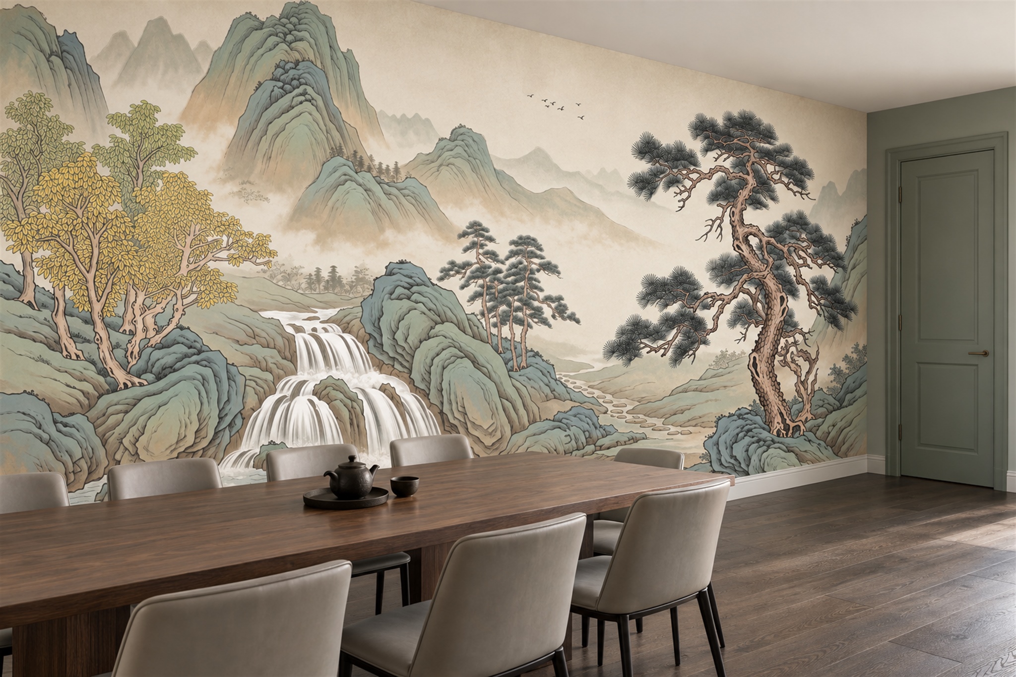 Sage Pattern Decorative Wallpaper Mural Layered Composition Wallpaper Accent-wall-wallpaper-murals, Peel-and-stick Finish