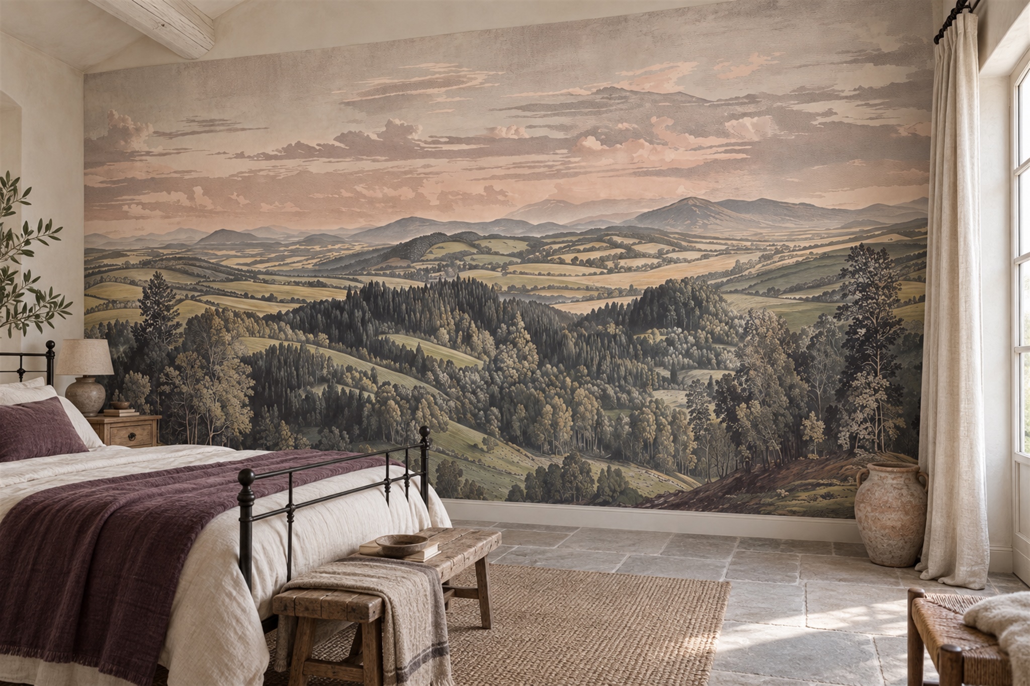 Panoramic Taupe Rolling Hills And Woodlands Wallpaper Mural — Installed Wallpaper Mural In A Bedroom, Peel-and-stick Finish