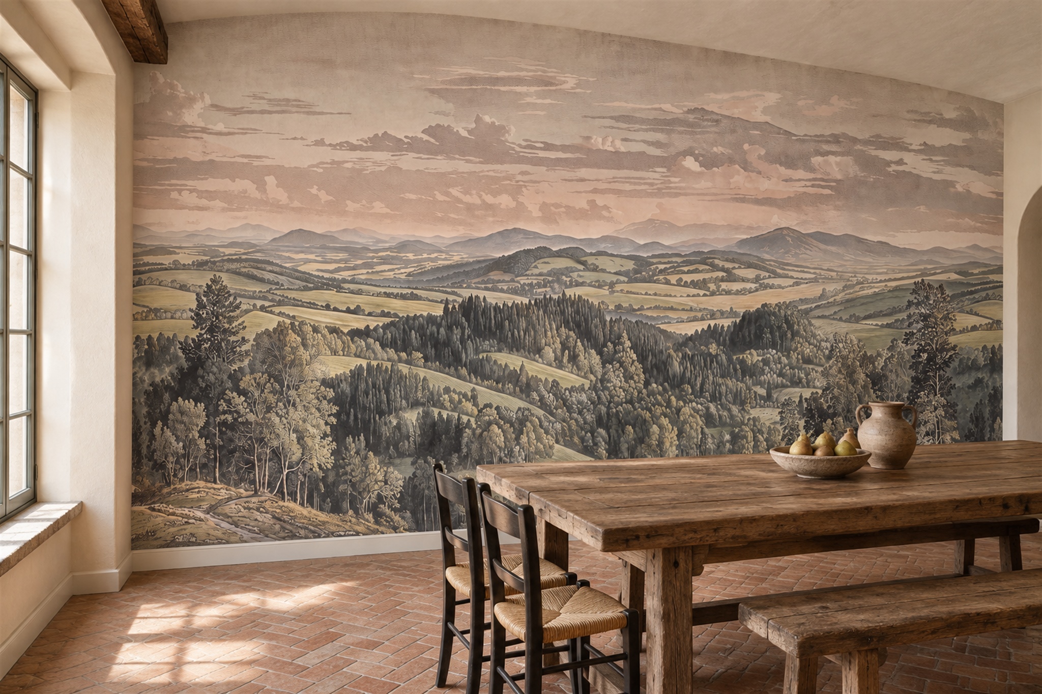 Taupe Pattern Decorative Wallpaper Mural Layered Dining-room-wallpaper-murals, Shown In A Dining Room, Peel-and-stick Finish