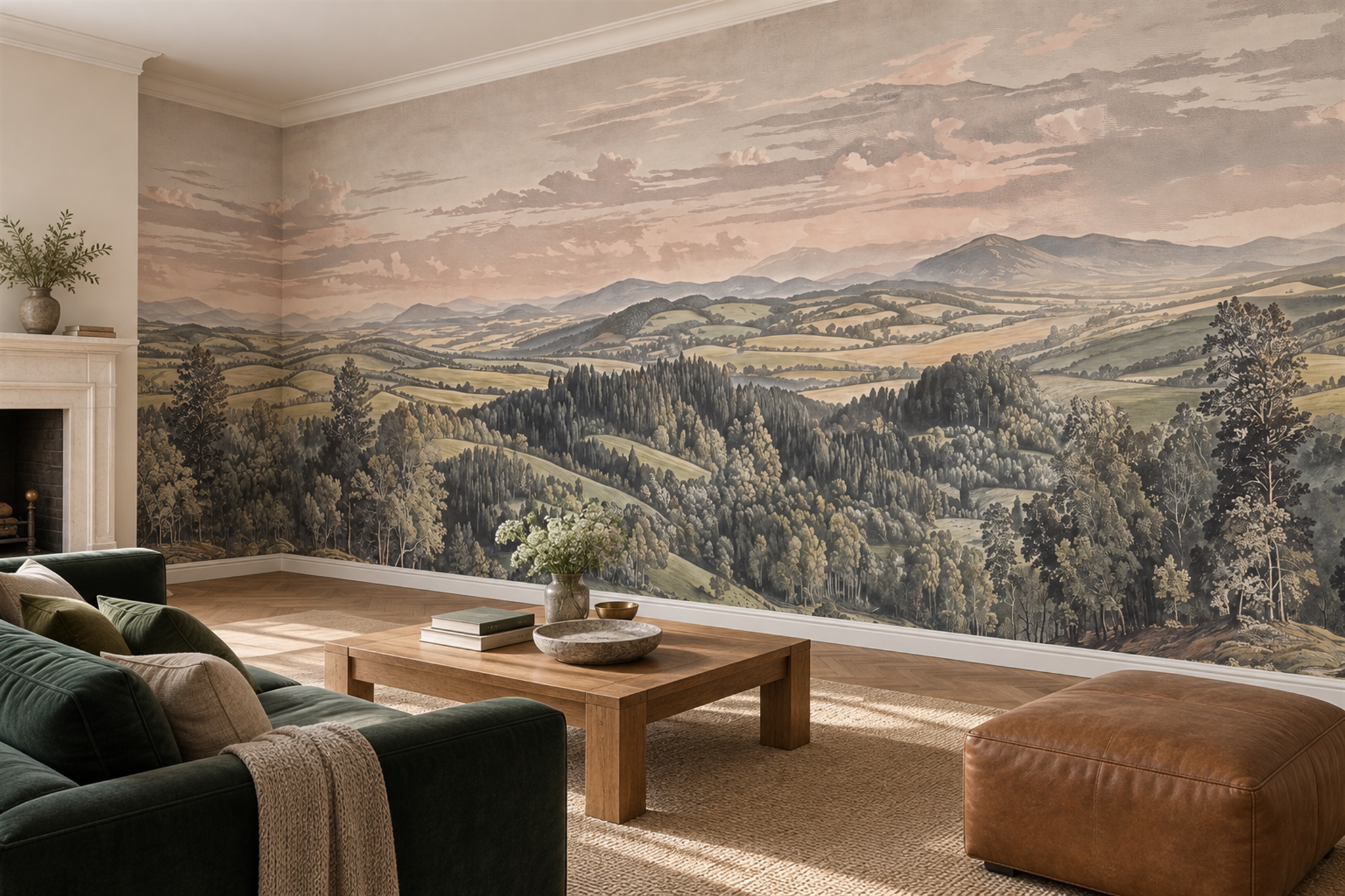 Taupe Pattern Decorative Wallpaper Mural Layered Living-room-wallpaper-murals, Shown In A Living Room, Peel-and-stick Finish