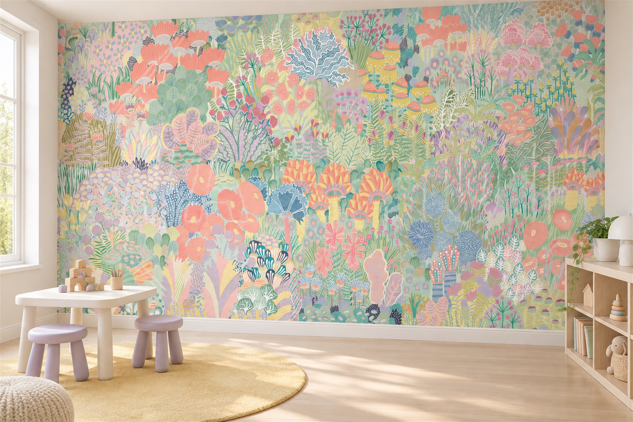 Mint Floral Botanical Decorative Wallpaper Mural Playroom-wallpaper-murals, Peel-and-stick Finish