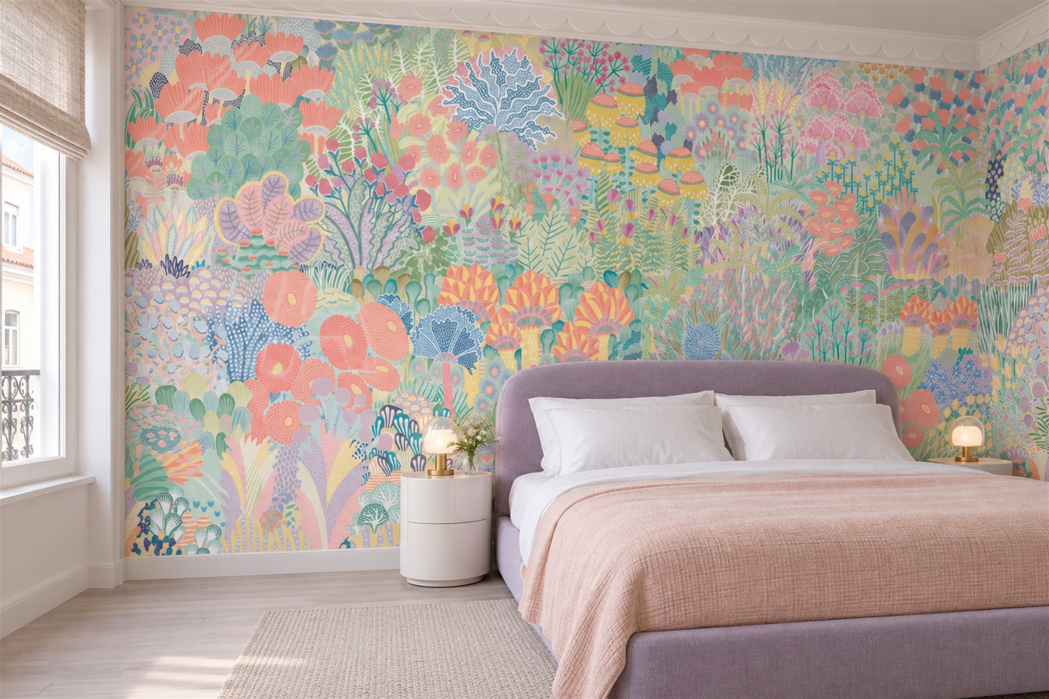 Mint Floral Botanical Decorative Wallpaper Mural Bedroom-wallpaper-murals, Peel-and-stick Finish