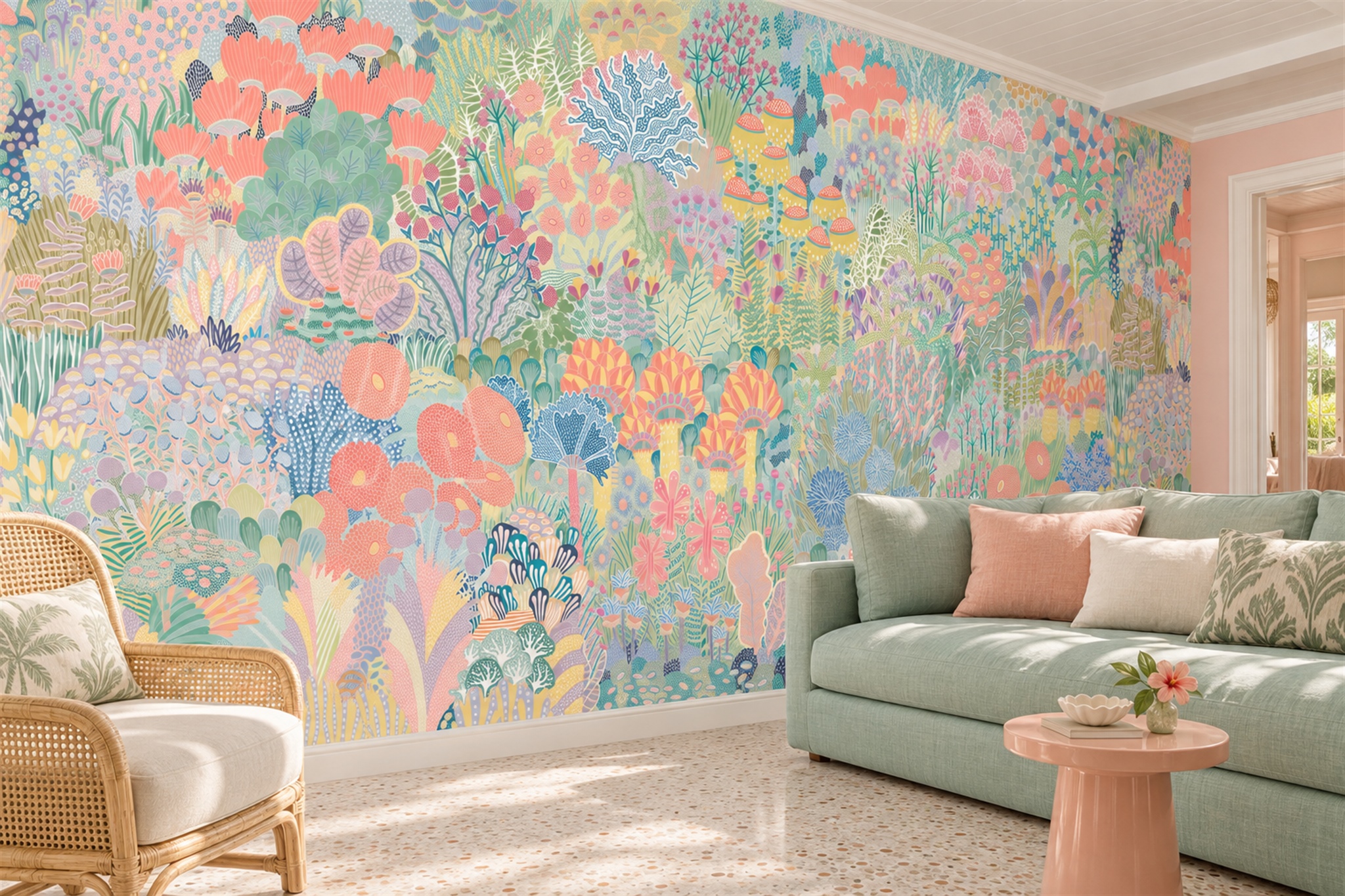 Whimsical Multicolour Fantasy Garden Wallpaper Mural — Wallpaper Mural Design, Peel-and-stick Finish