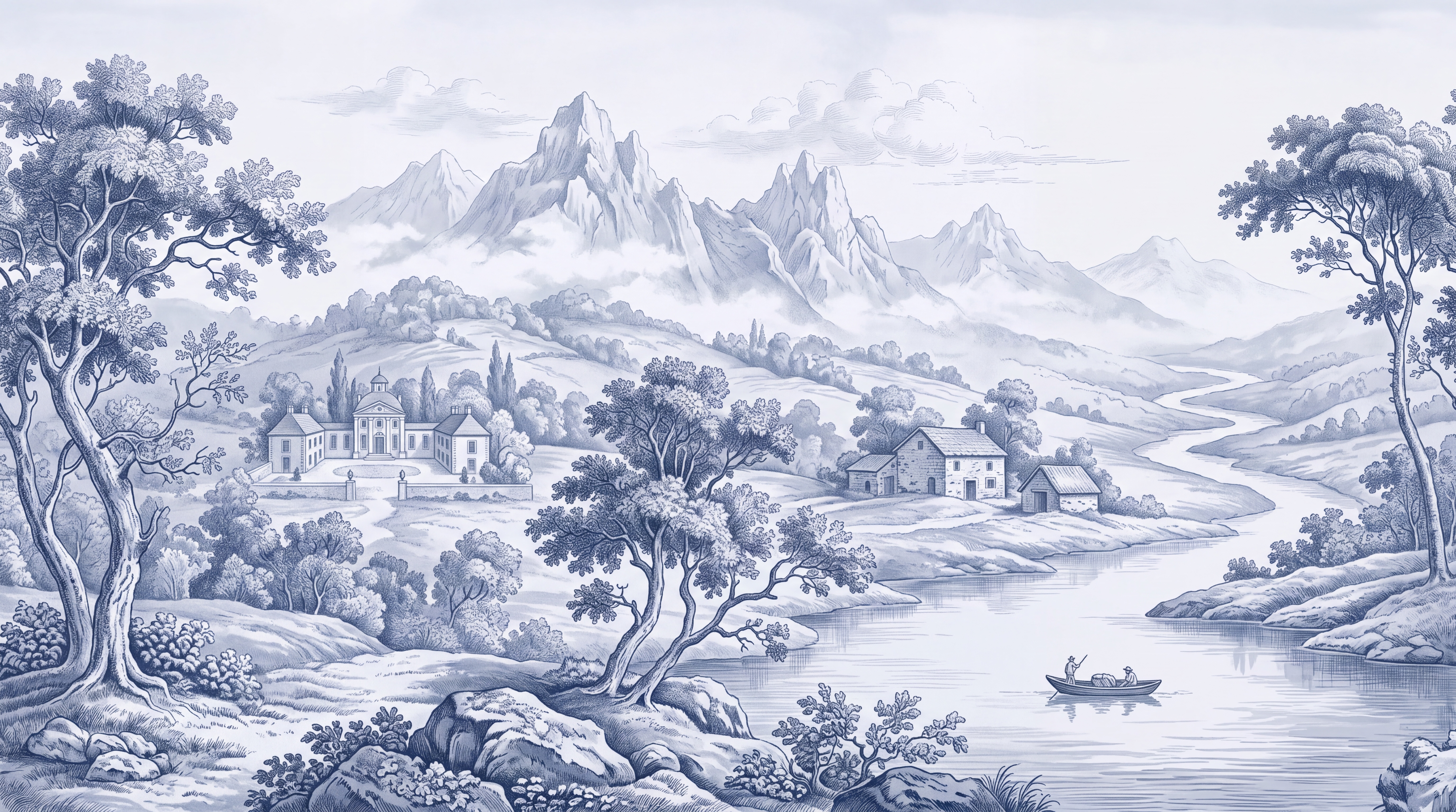 Blue Toile Artful Wallpaper Mural, Peel-and-stick Finish