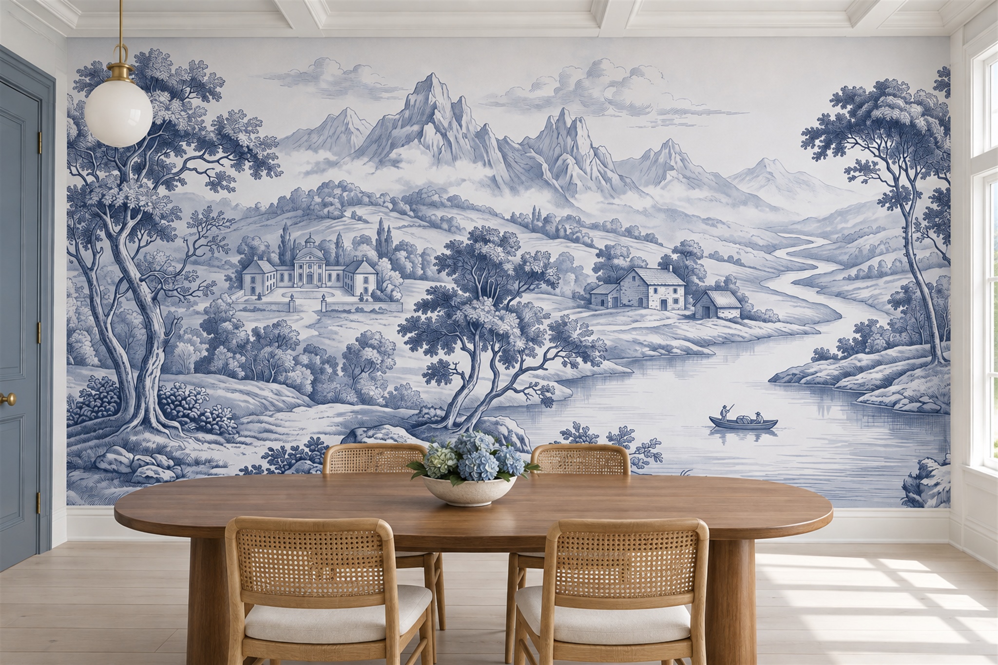 Blue Toile Artful Wallpaper Mural Dining-room-wallpaper-murals, Shown In A Dining Room, Peel-and-stick Finish