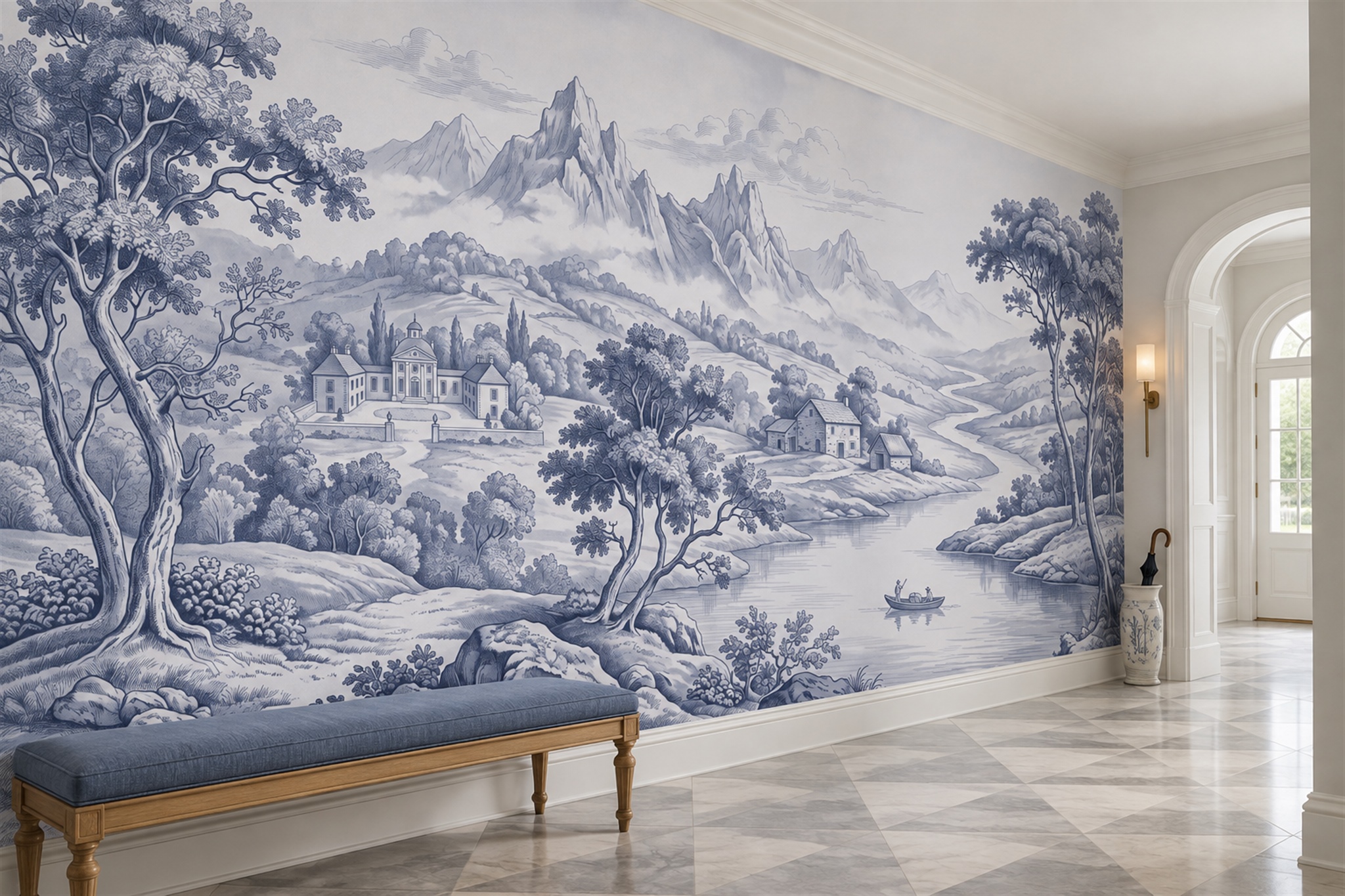 Blue Toile Artful Wallpaper Mural Living-room-wallpaper-murals, Peel-and-stick Finish