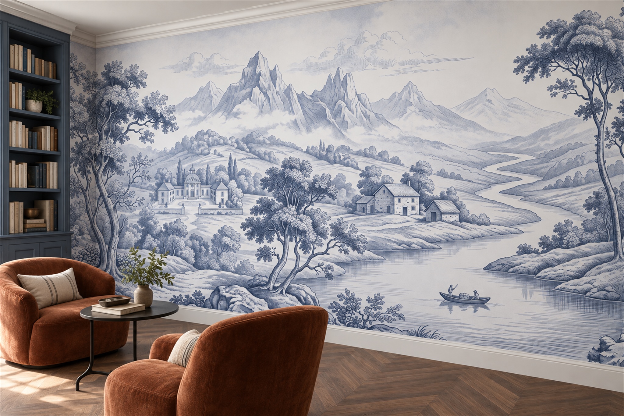 Blue Toile Artful Wallpaper Mural Living-room-wallpaper-murals, Peel-and-stick Finish