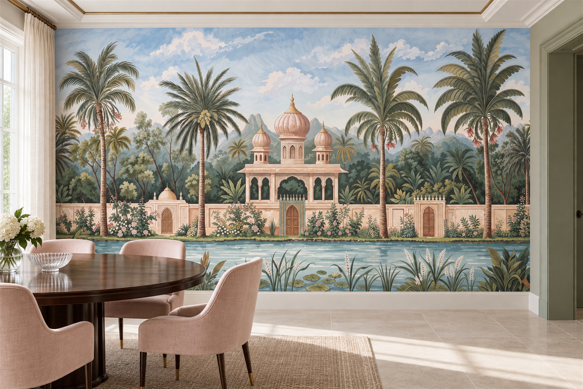 Sage Palace Scenic Decorative Wallpaper Mural Dining-room-wallpaper-murals, Shown In A Dining Room, Peel-and-stick Finish