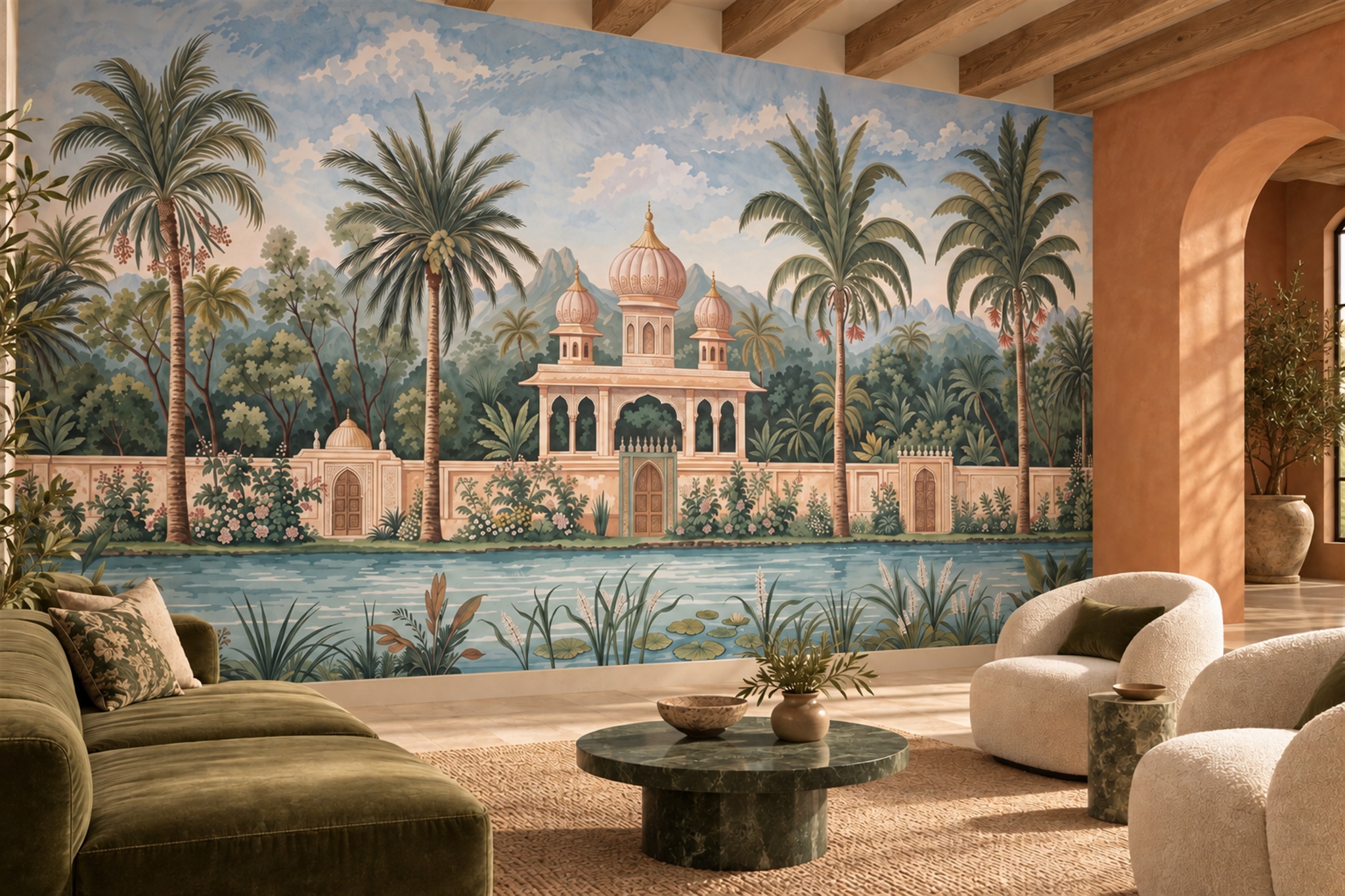 Palm-lined Palace And Lotus Water Garden Wallpaper Mural — Wallpaper Mural Design, Peel-and-stick Finish
