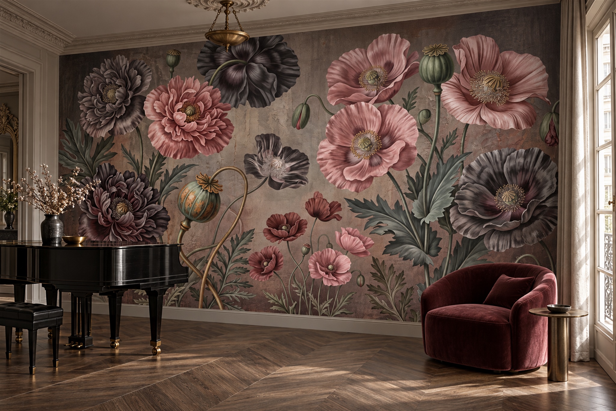 Neutral Pattern Decorative Painterly Wallpaper Mural Dining-room-wallpaper-murals, Peel-and-stick Finish