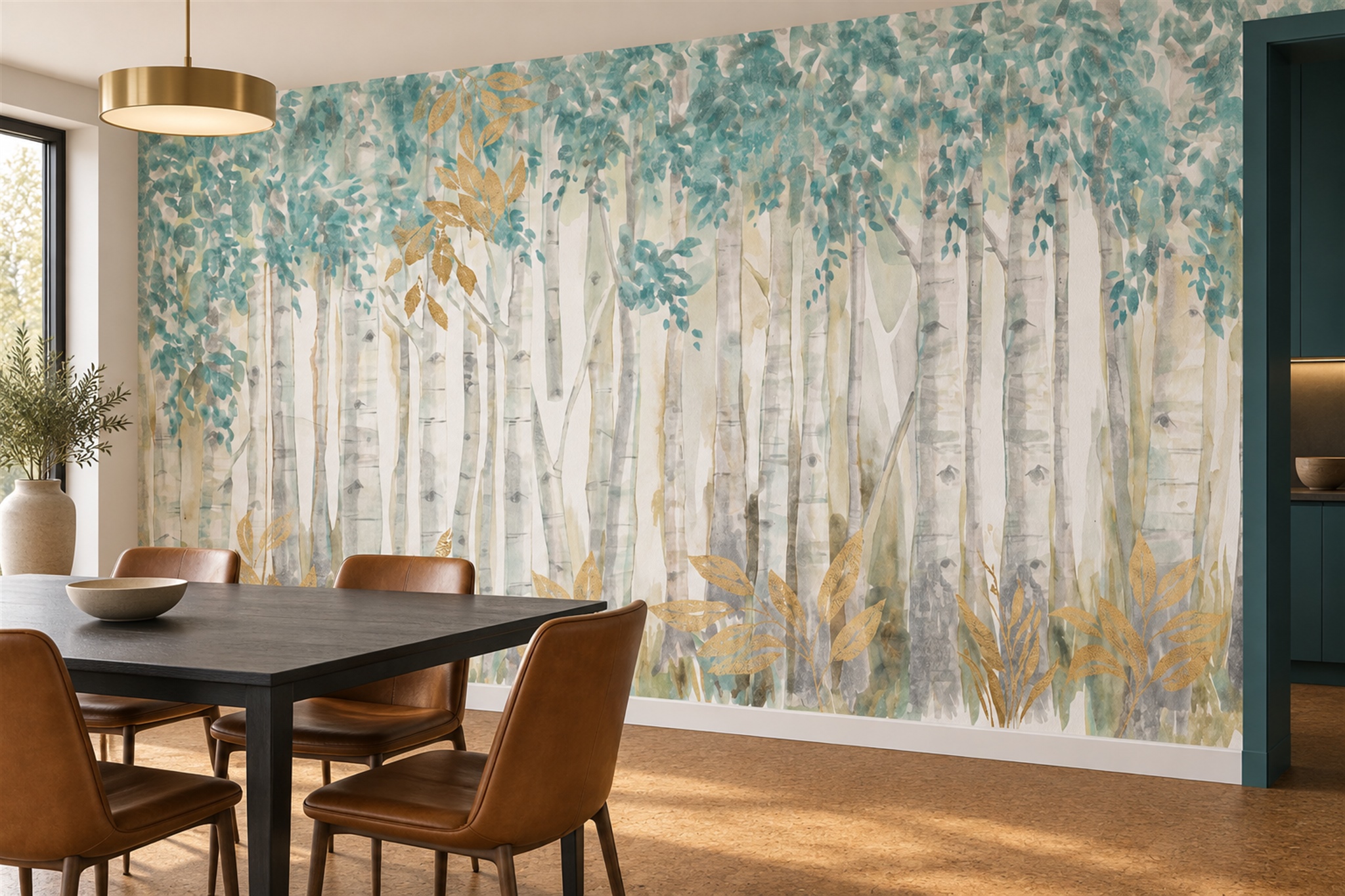 Aqua Birch Scenic Wallpaper Mural Dining-room-wallpaper-murals, Shown In A Dining Room, Peel-and-stick Finish