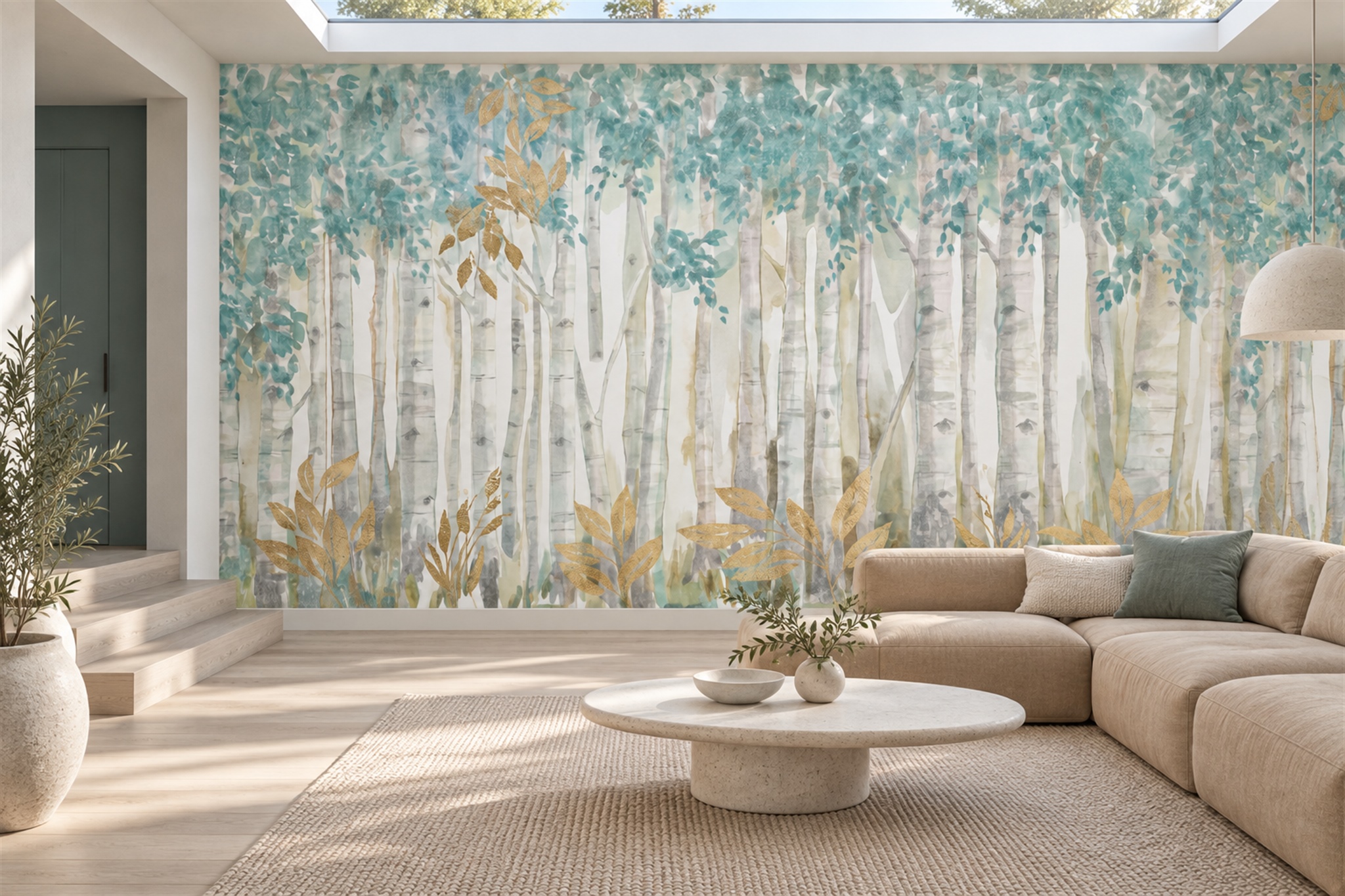 Aqua Birch Scenic Wallpaper Mural Home-office-wallpaper-murals, Peel-and-stick Finish