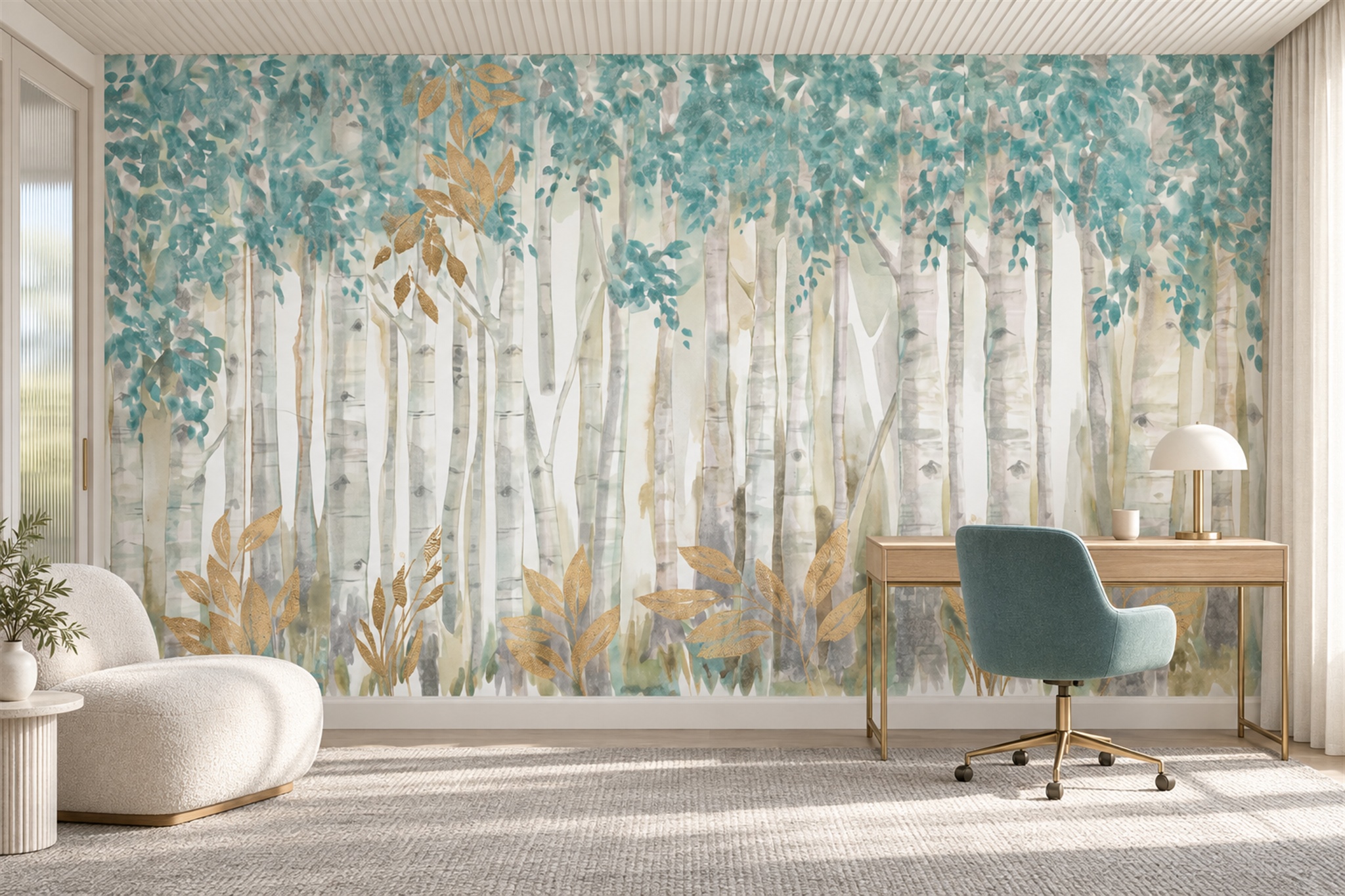 Aqua Birch Scenic Wallpaper Mural Home-office-wallpaper-murals, Peel-and-stick Finish