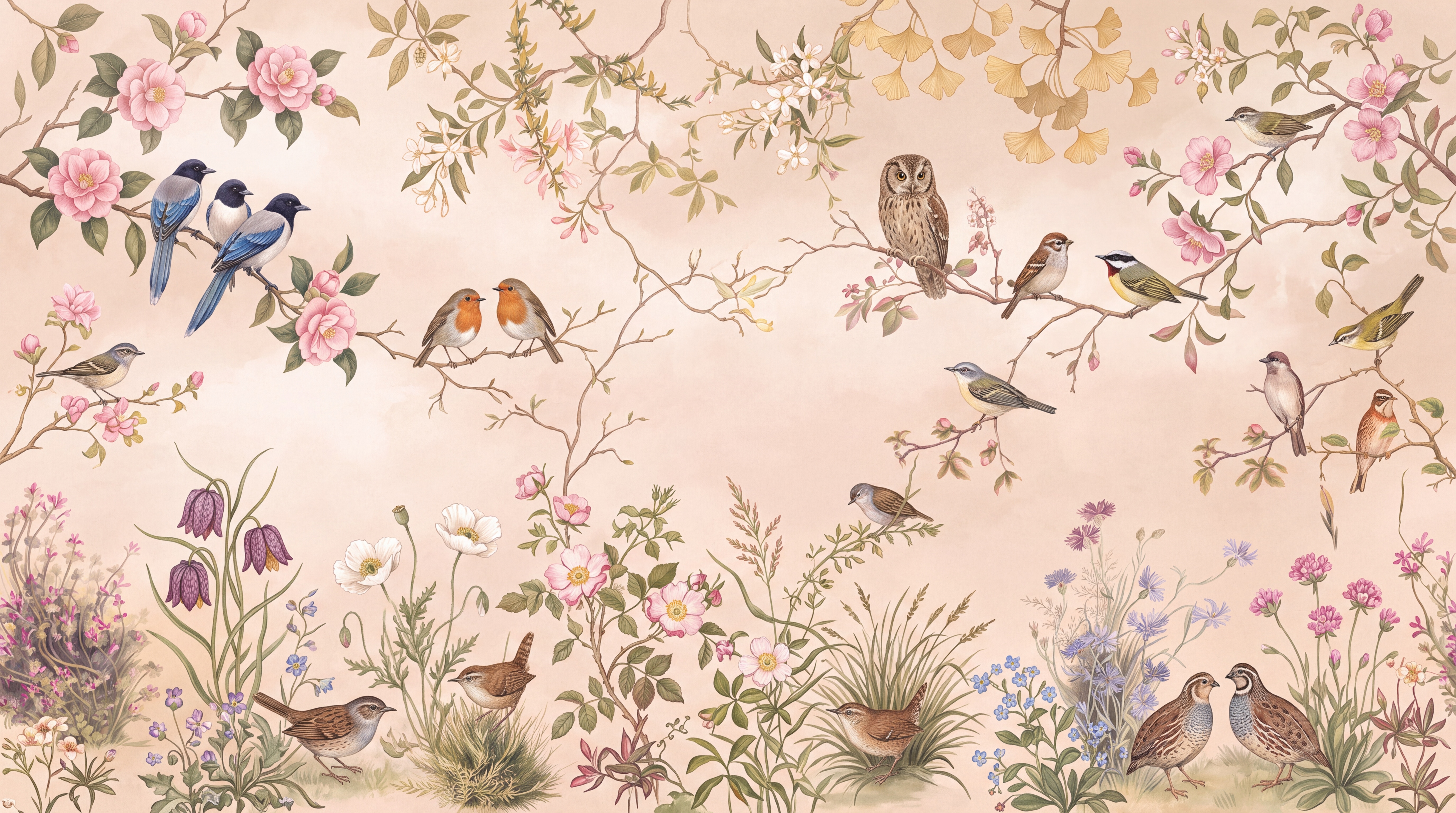 Pink Botanical Botanical Bird Wallpaper Mural, Peel-and-stick Finish