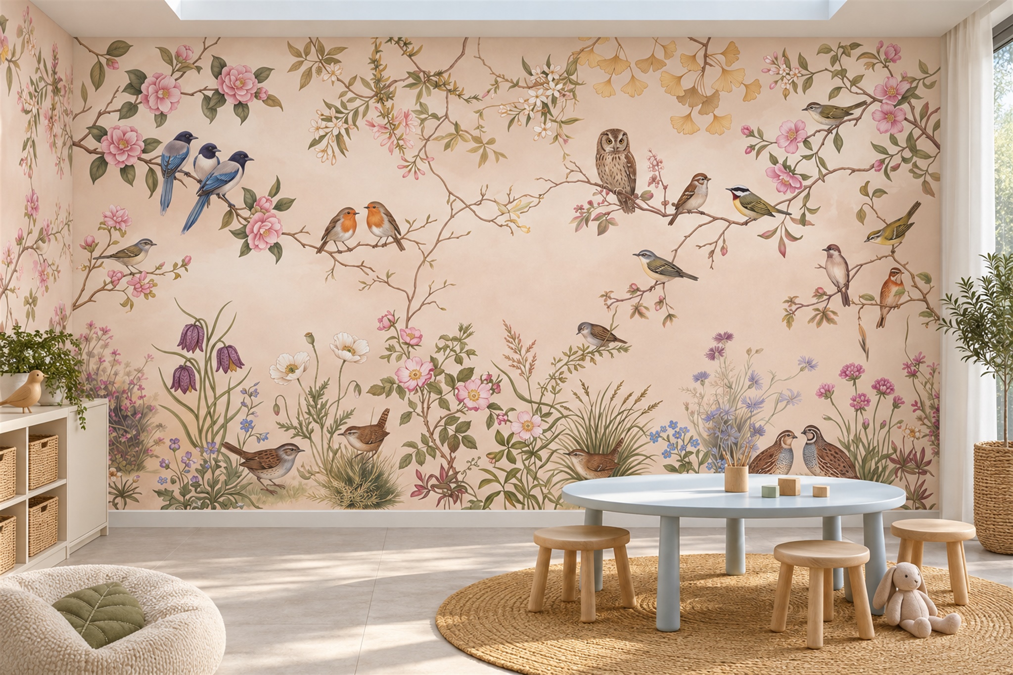 Pink Botanical Botanical Bird Wallpaper Mural Home-office-wallpaper-murals, Shown In A Home Office, Peel-and-stick Finish