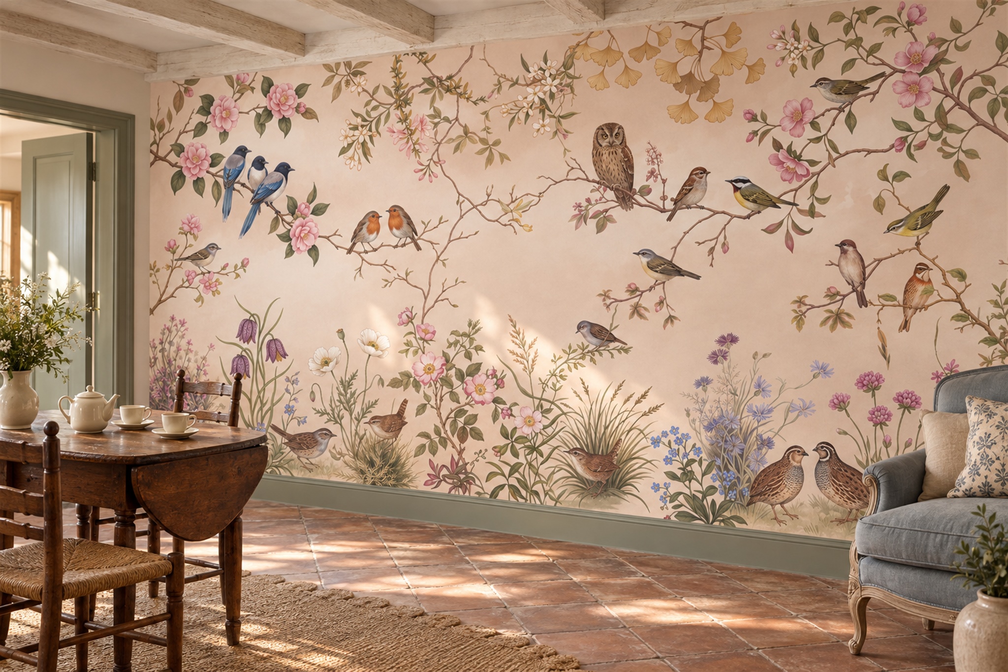 Pink Blossom Branches With Woodland Birds Wallpaper Mural — Wallpaper Mural Design, Peel-and-stick Finish