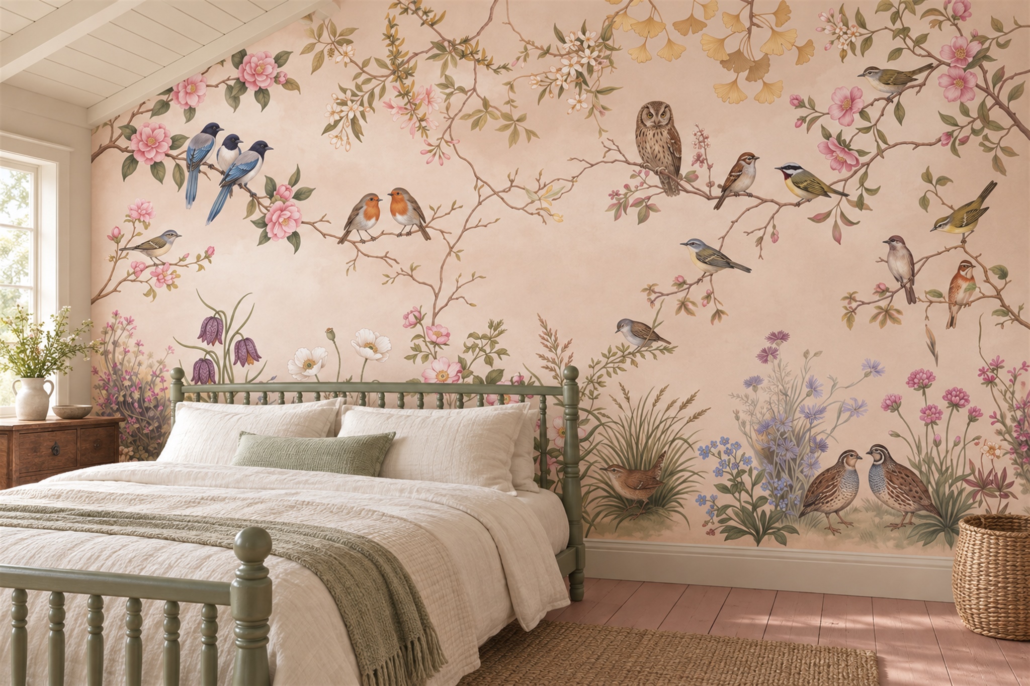 Pink Botanical Botanical Bird Wallpaper Mural Accent-wall-wallpaper-murals, Peel-and-stick Finish