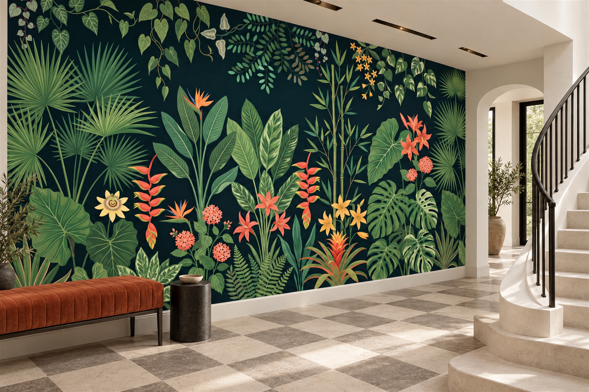 Green Tropical Artful Atmospheric Wallpaper Mural Accent-wall-wallpaper-murals, Peel-and-stick Finish