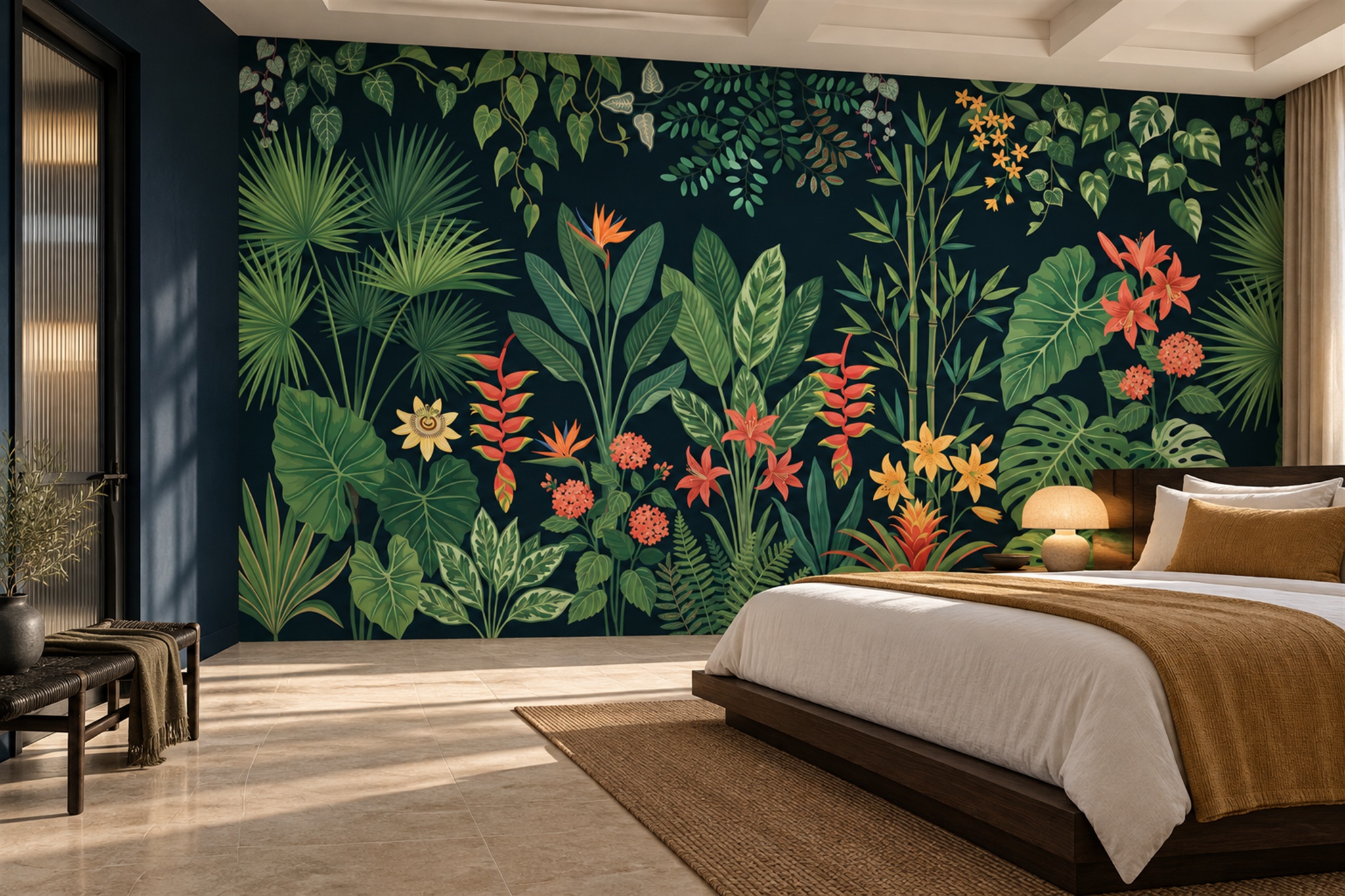 Green Tropical Artful Atmospheric Wallpaper Mural Dining-room-wallpaper-murals, Peel-and-stick Finish