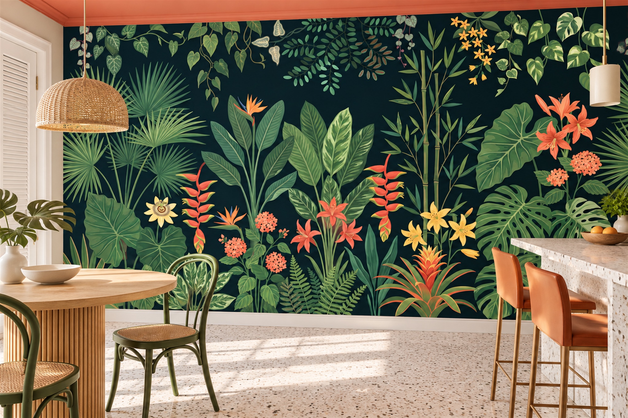 Green Tropical Artful Atmospheric Wallpaper Mural Dining-room-wallpaper-murals, Peel-and-stick Finish